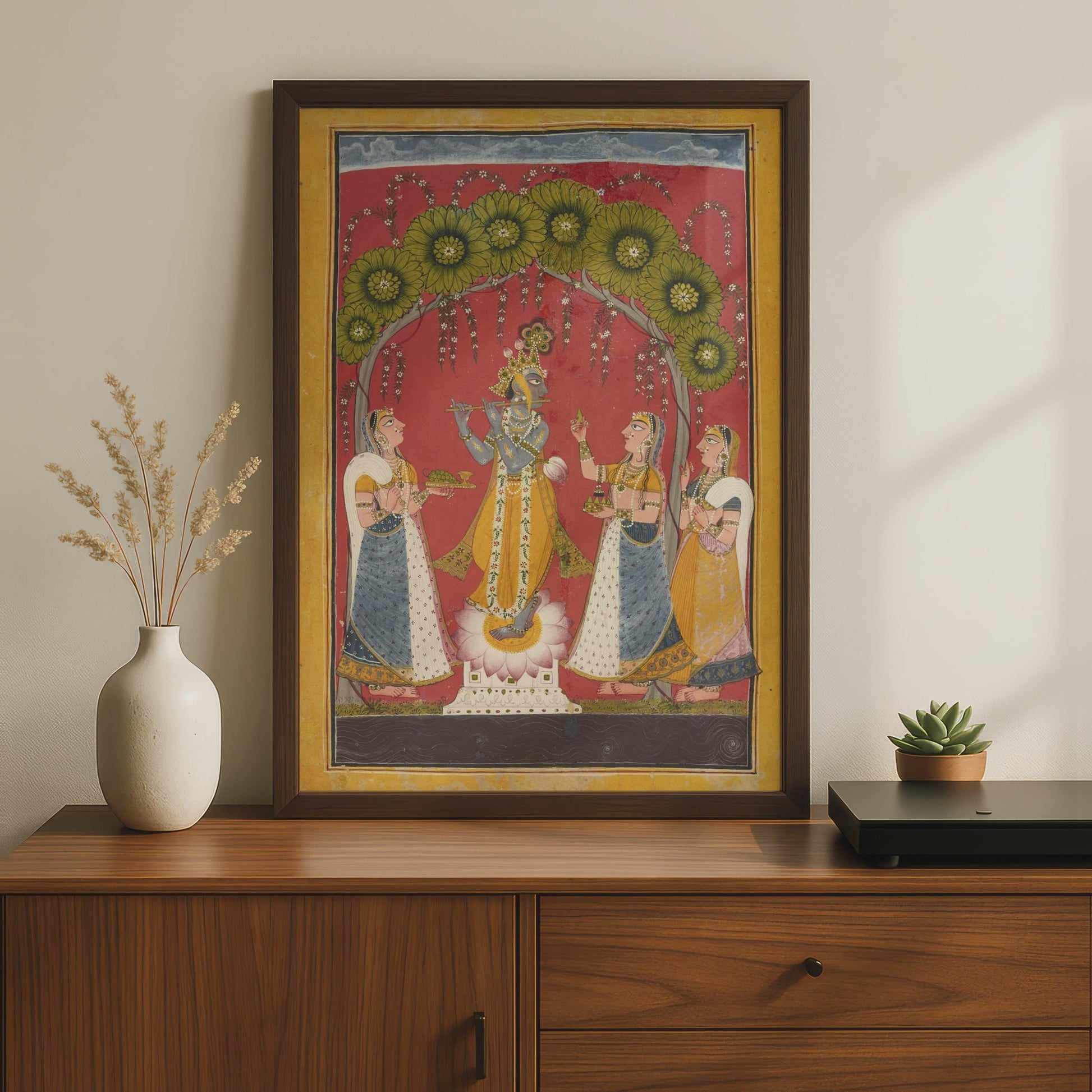 Krishna Flute Poster, Indian Miniature Art Print, Hindu God Wall Art, Mughal Style wall art print