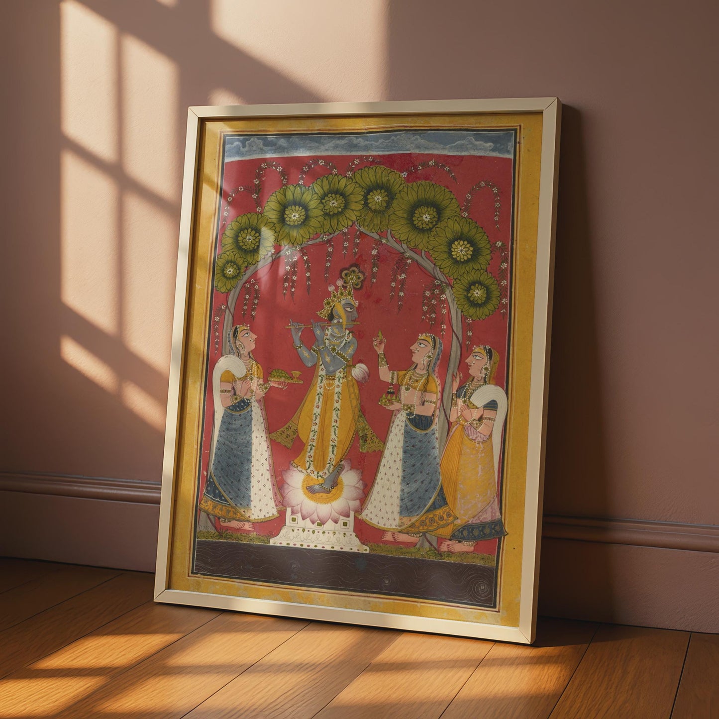 Krishna Flute Poster, Indian Miniature Art Print, Hindu God Wall Art, Mughal Style wall art print