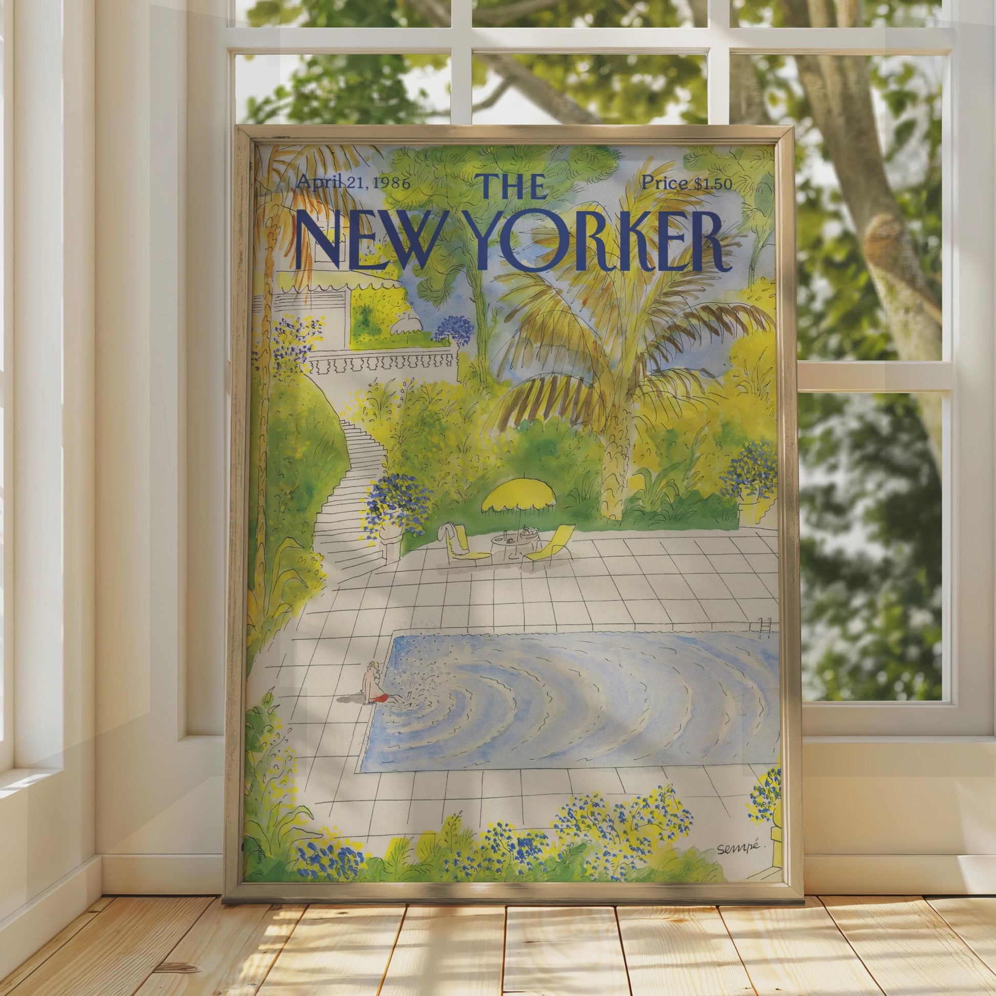 New Yorker Cover Poster 1986, Pool Garden Art Print, Sempe Illustration Wall Art wall art print