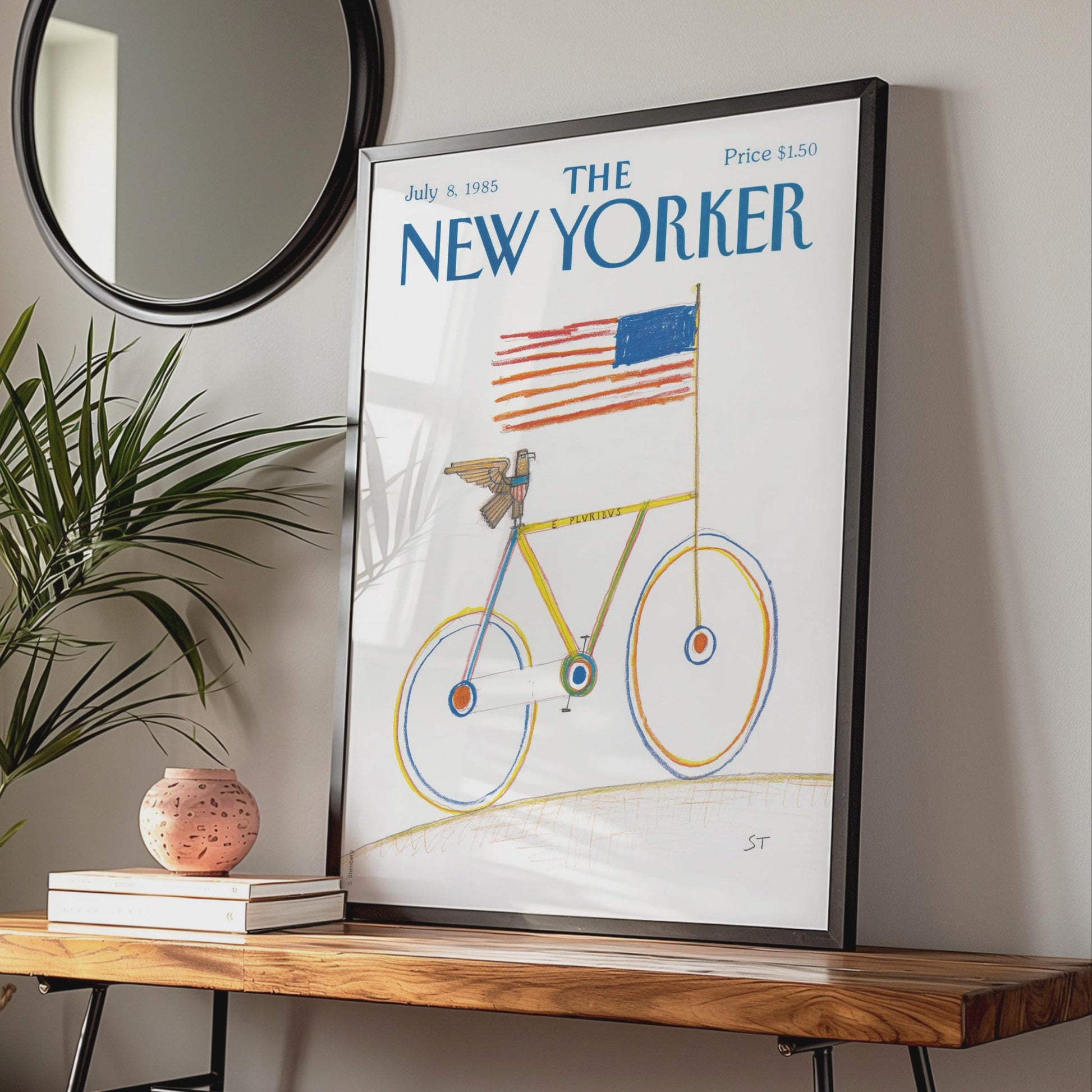 The New Yorker Poster 1985, Bicycle American Flag Art Print, Patriotic Wall Decor wall art print