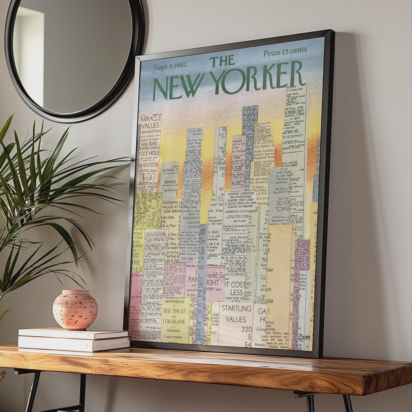 The New Yorker 1962 Cover Poster, Vintage NYC Skyline Classifieds Art Print wall art print