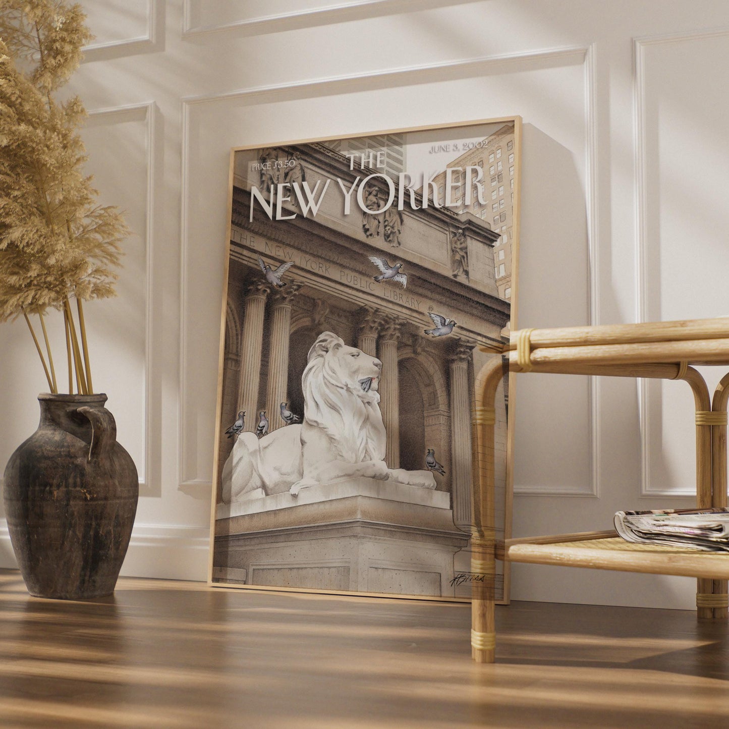 New Yorker Cover Poster, NYC Public Library Lion, New York Wall Art, Pigeon Print wall art print