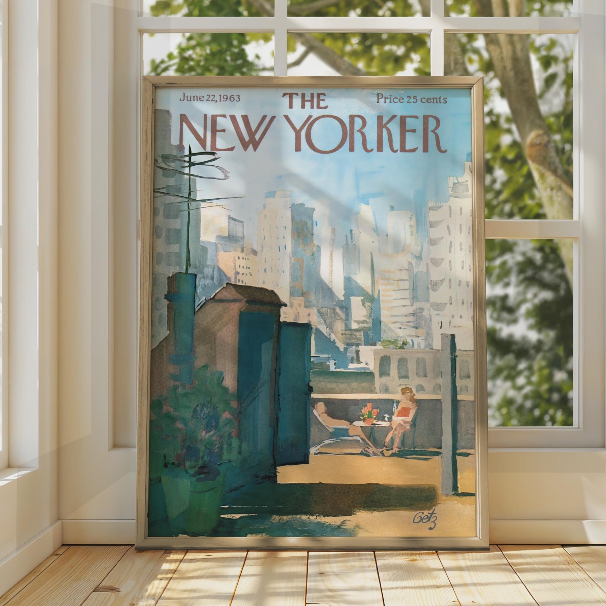 The New Yorker 1963 Rooftop Sunbathing NYC Skyline Poster, Vintage Magazine Cover Art wall art print