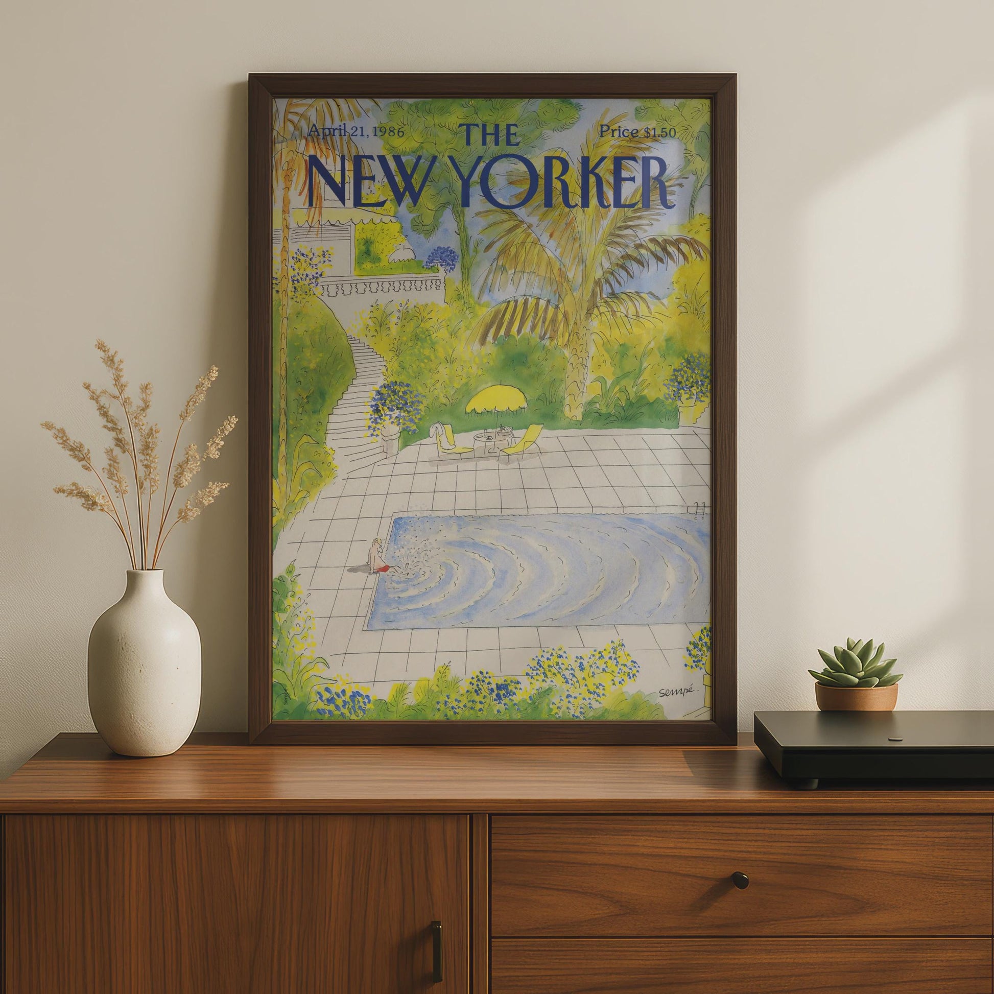 New Yorker Cover Poster 1986, Pool Garden Art Print, Sempe Illustration Wall Art wall art print