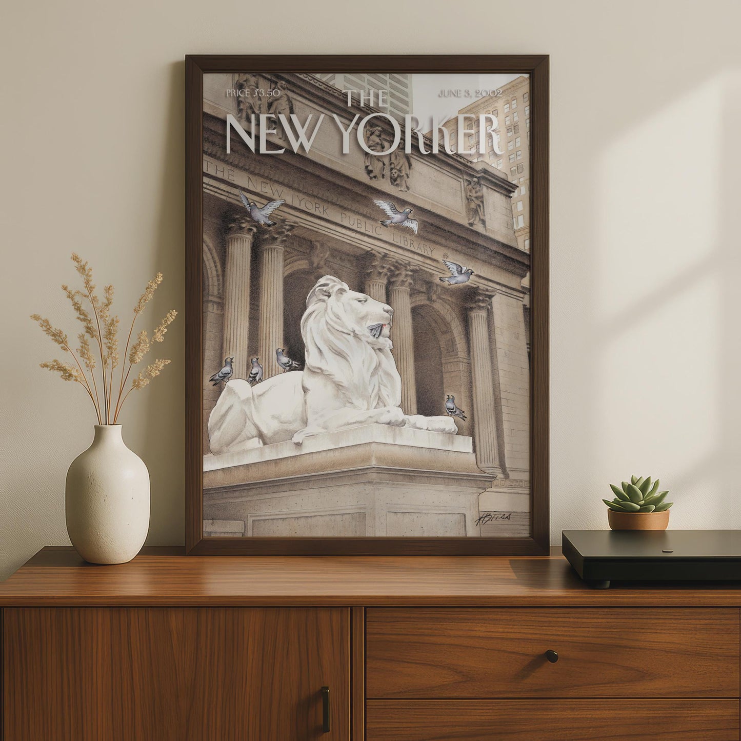 New Yorker Cover Poster, NYC Public Library Lion, New York Wall Art, Pigeon Print wall art print