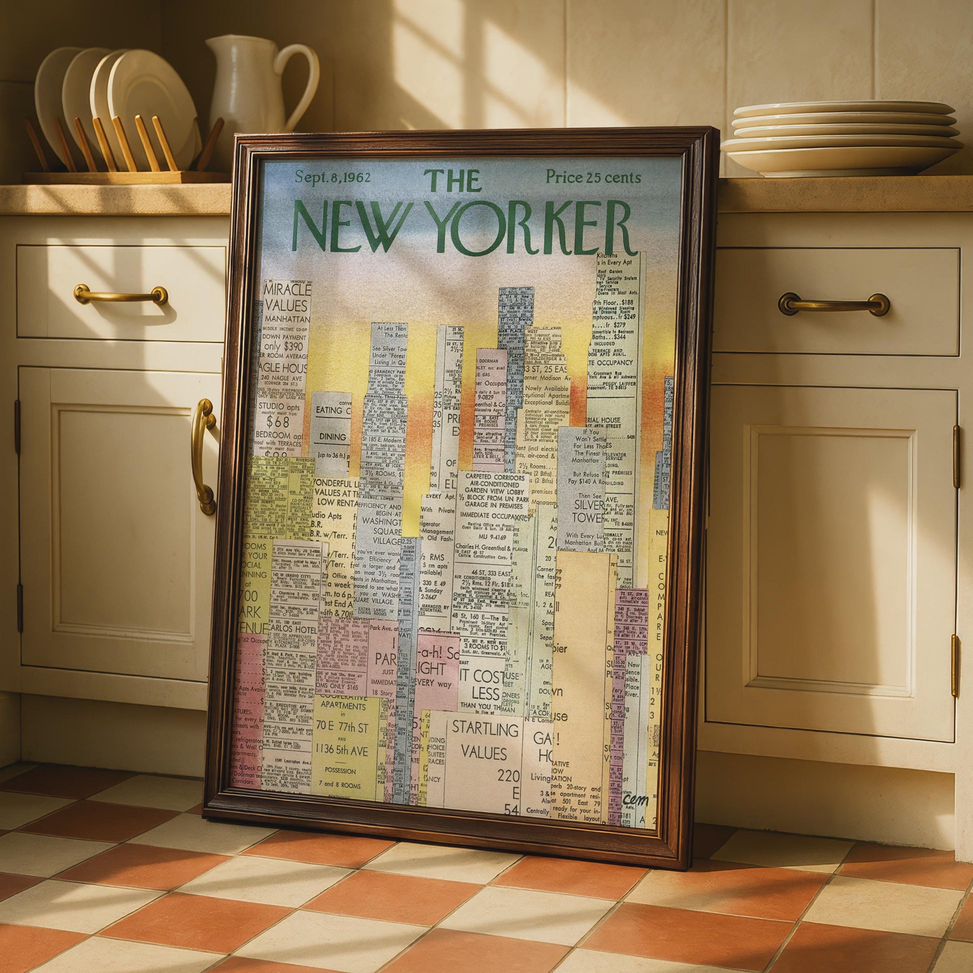 The New Yorker 1962 Cover Poster, Vintage NYC Skyline Classifieds Art Print wall art print