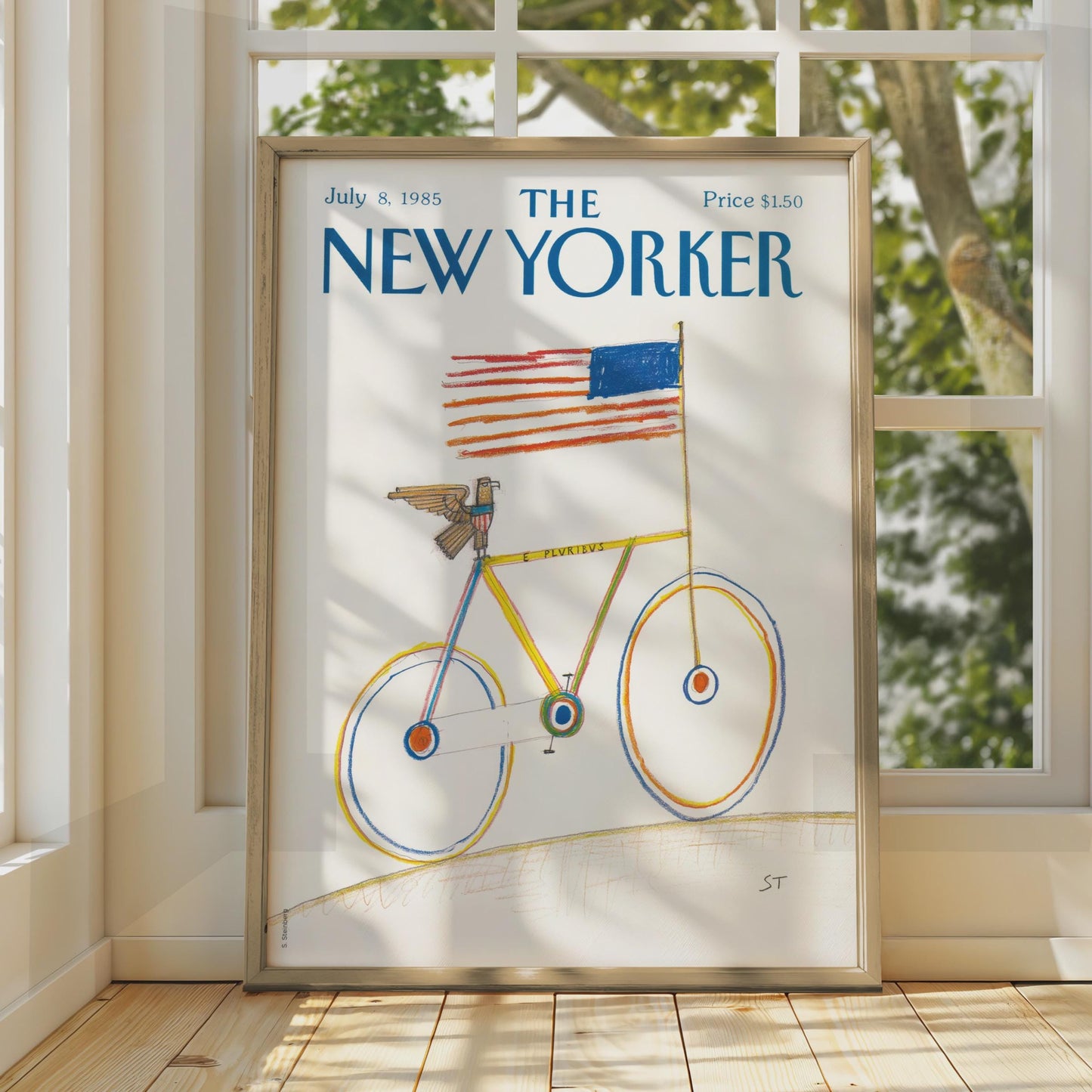 The New Yorker Poster 1985, Bicycle American Flag Art Print, Patriotic Wall Decor wall art print