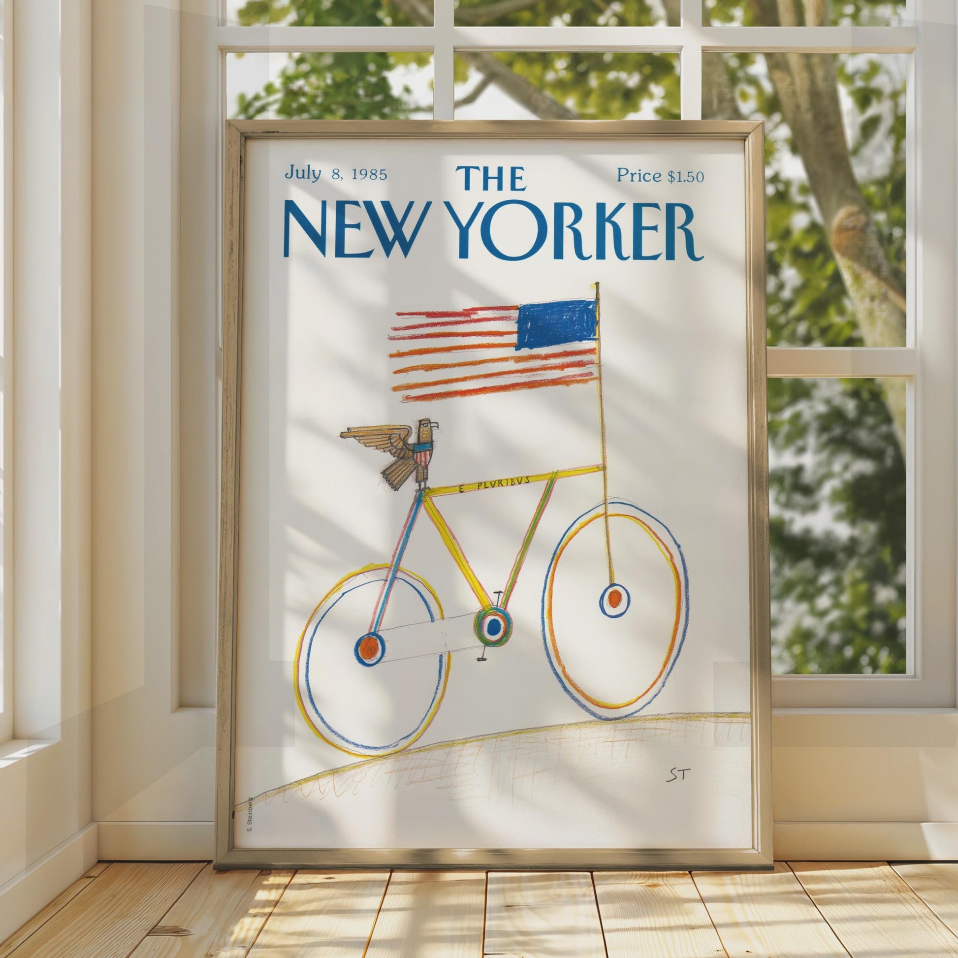 The New Yorker Poster 1985, Bicycle American Flag Art Print, Patriotic Wall Decor wall art print