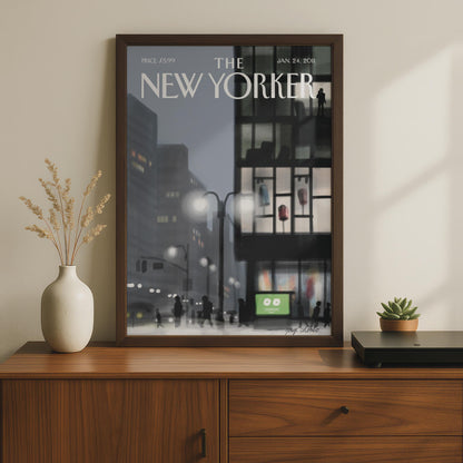 The New Yorker Cover Poster, NYC Night Street Scene, Grey City Wall Art Print wall art print