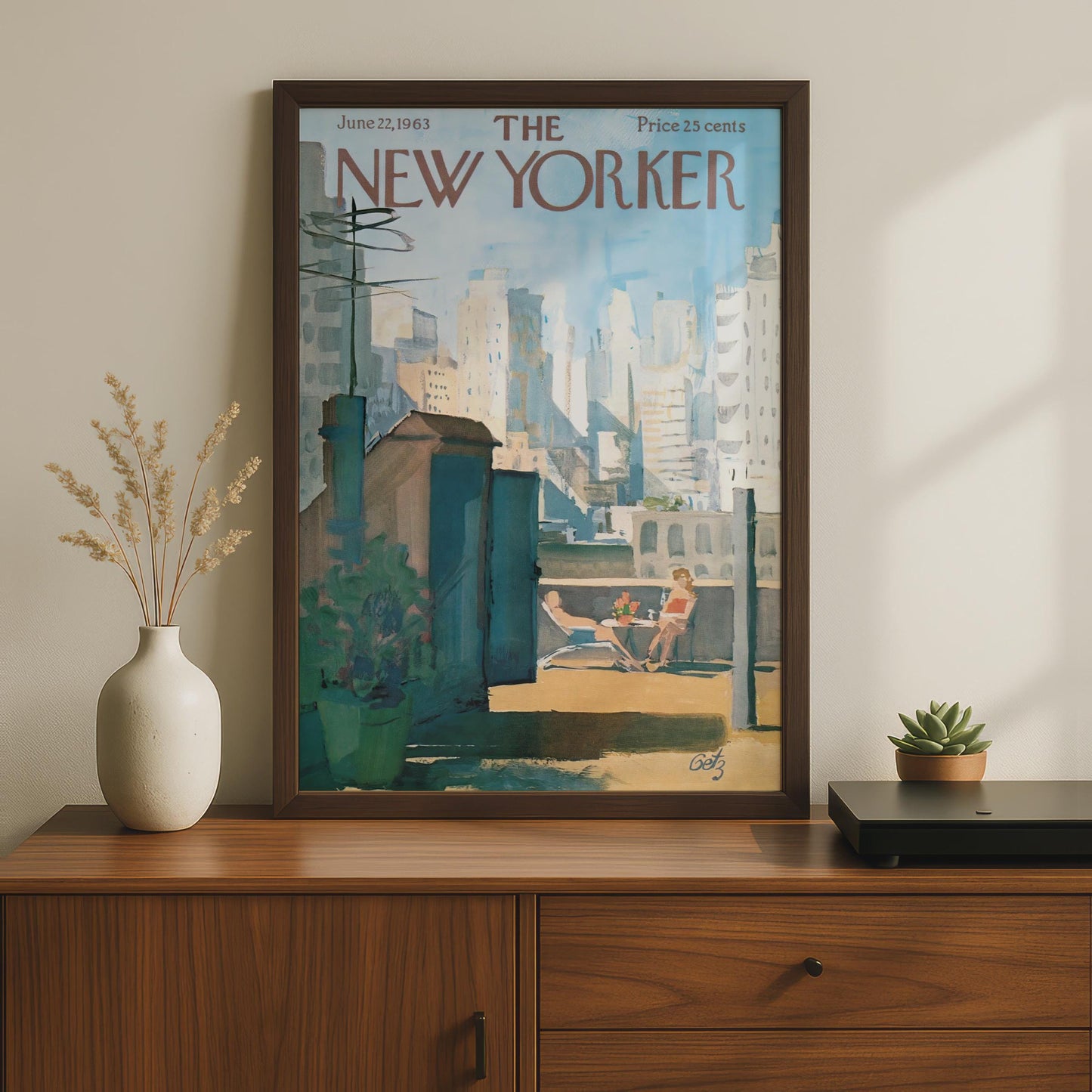 The New Yorker 1963 Rooftop Sunbathing NYC Skyline Poster, Vintage Magazine Cover Art wall art print