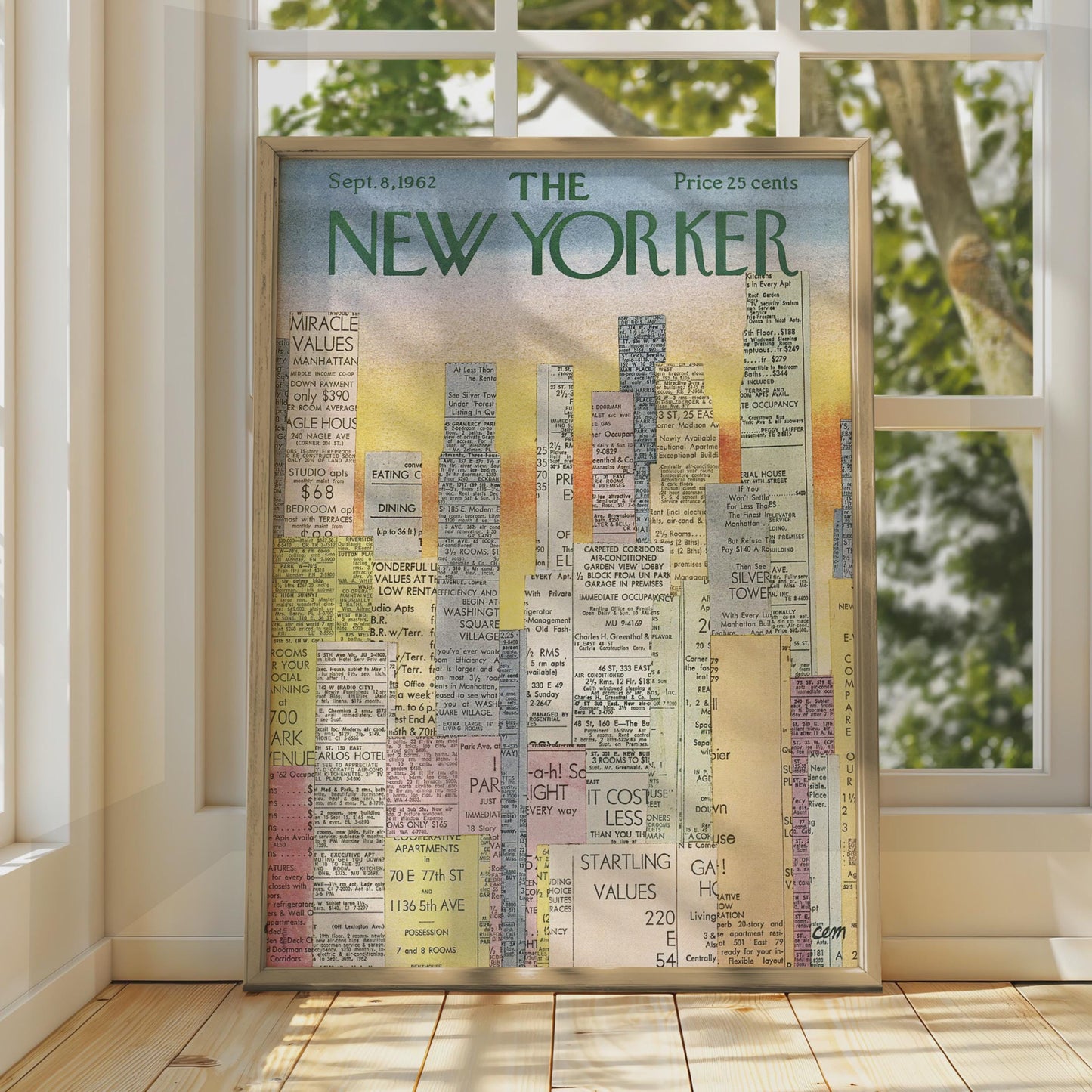The New Yorker 1962 Cover Poster, Vintage NYC Skyline Classifieds Art Print wall art print
