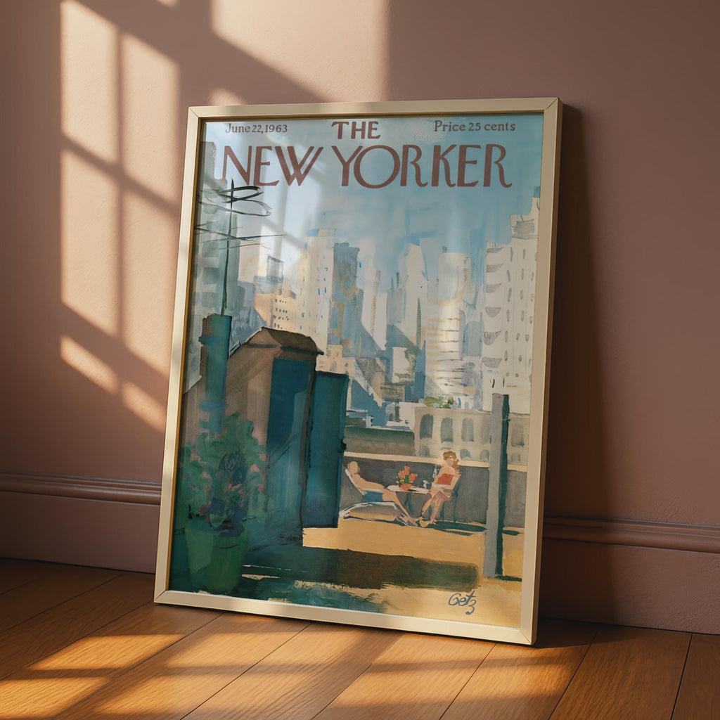 The New Yorker 1963 Rooftop Sunbathing NYC Skyline Poster, Vintage Magazine Cover Art wall art print