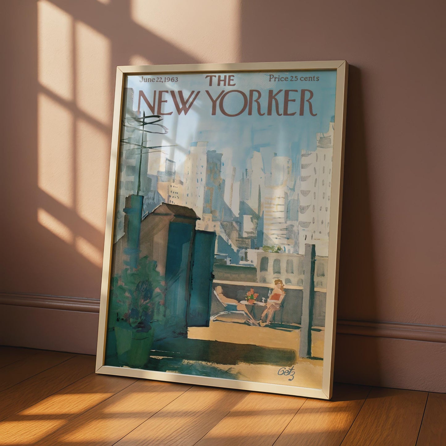 The New Yorker 1963 Rooftop Sunbathing NYC Skyline Poster, Vintage Magazine Cover Art wall art print