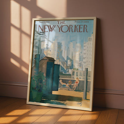 The New Yorker 1963 Rooftop Sunbathing NYC Skyline Poster, Vintage Magazine Cover Art wall art print