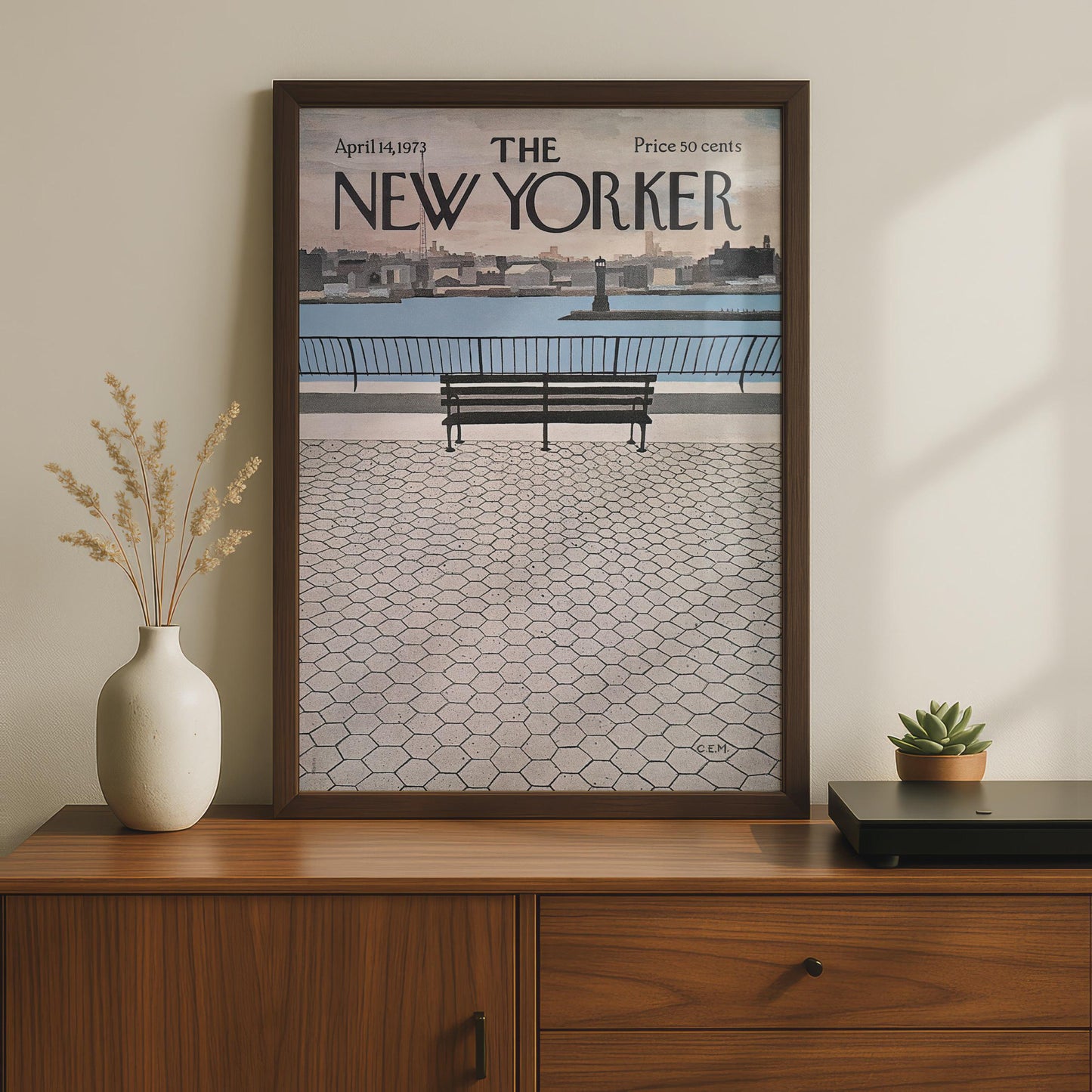 The New Yorker Poster 1973, NYC Riverside Bench Cover Art, Vintage Magazine Print wall art print