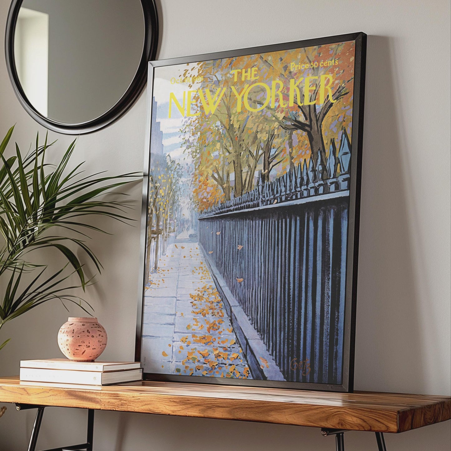 The New Yorker Autumn Poster, Fall Leaves NYC Sidewalk Art Print, Vintage Magazine Cover wall art print