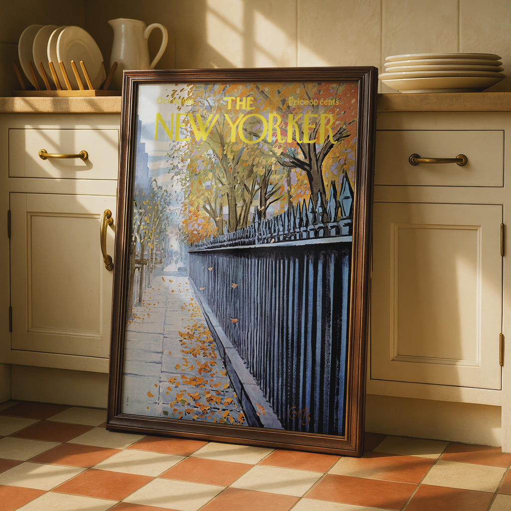 The New Yorker Autumn Poster, Fall Leaves NYC Sidewalk Art Print, Vintage Magazine Cover wall art print