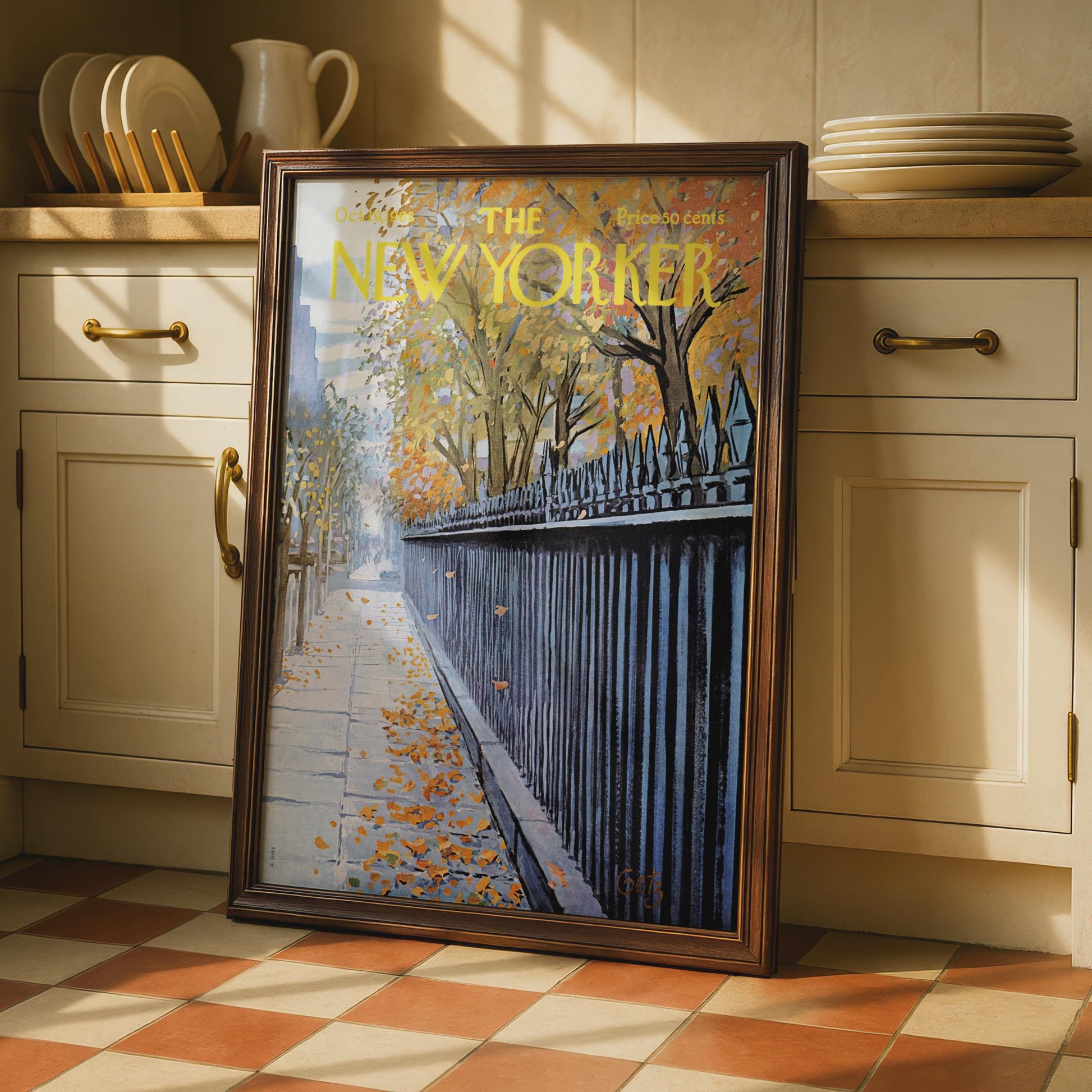 The New Yorker Autumn Poster, Fall Leaves NYC Sidewalk Art Print, Vintage Magazine Cover wall art print