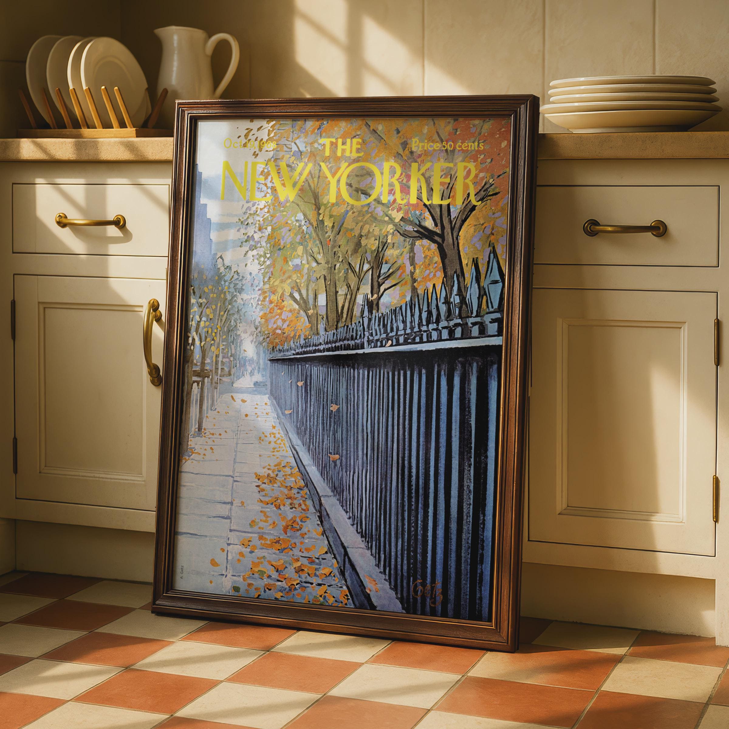 The New Yorker Autumn Poster, Fall Leaves NYC Sidewalk Art Print, Vintage Magazine Cover wall art print