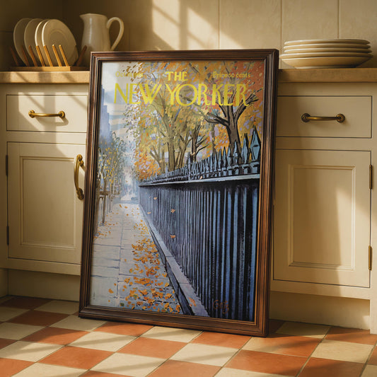 The New Yorker Autumn Poster, Fall Leaves NYC Sidewalk Art Print, Vintage Magazine Cover wall art print