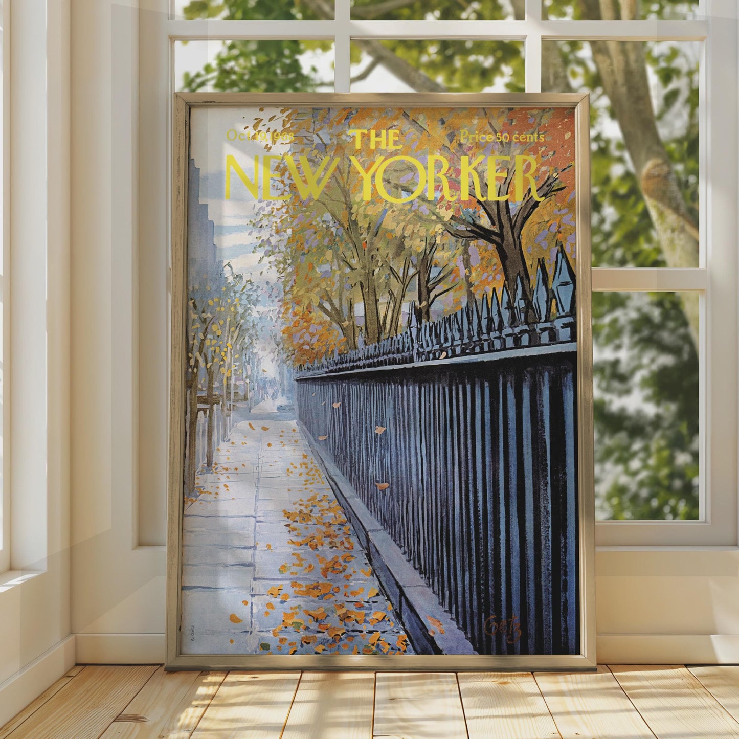 The New Yorker Autumn Poster, Fall Leaves NYC Sidewalk Art Print, Vintage Magazine Cover wall art print