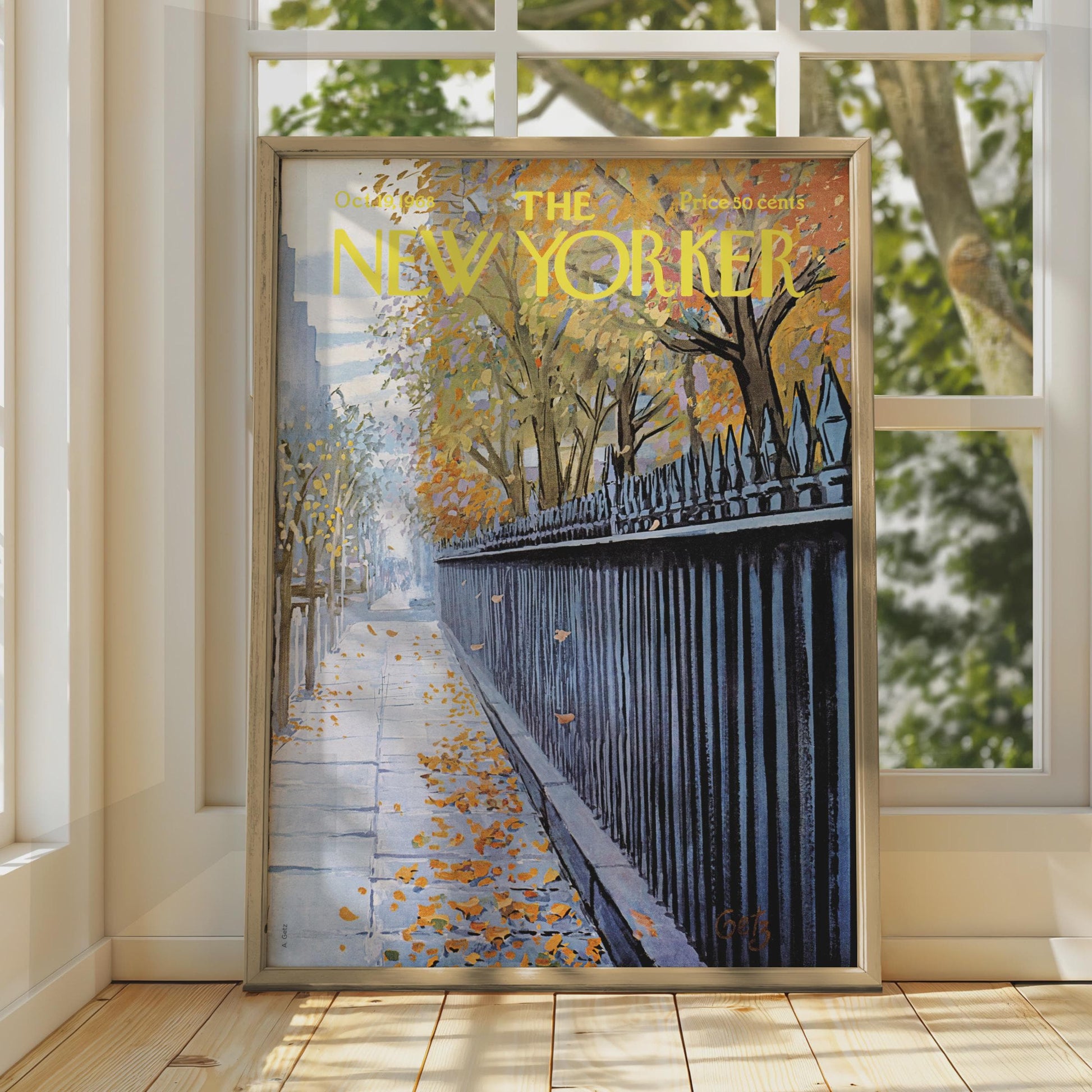 The New Yorker Autumn Poster, Fall Leaves NYC Sidewalk Art Print, Vintage Magazine Cover wall art print