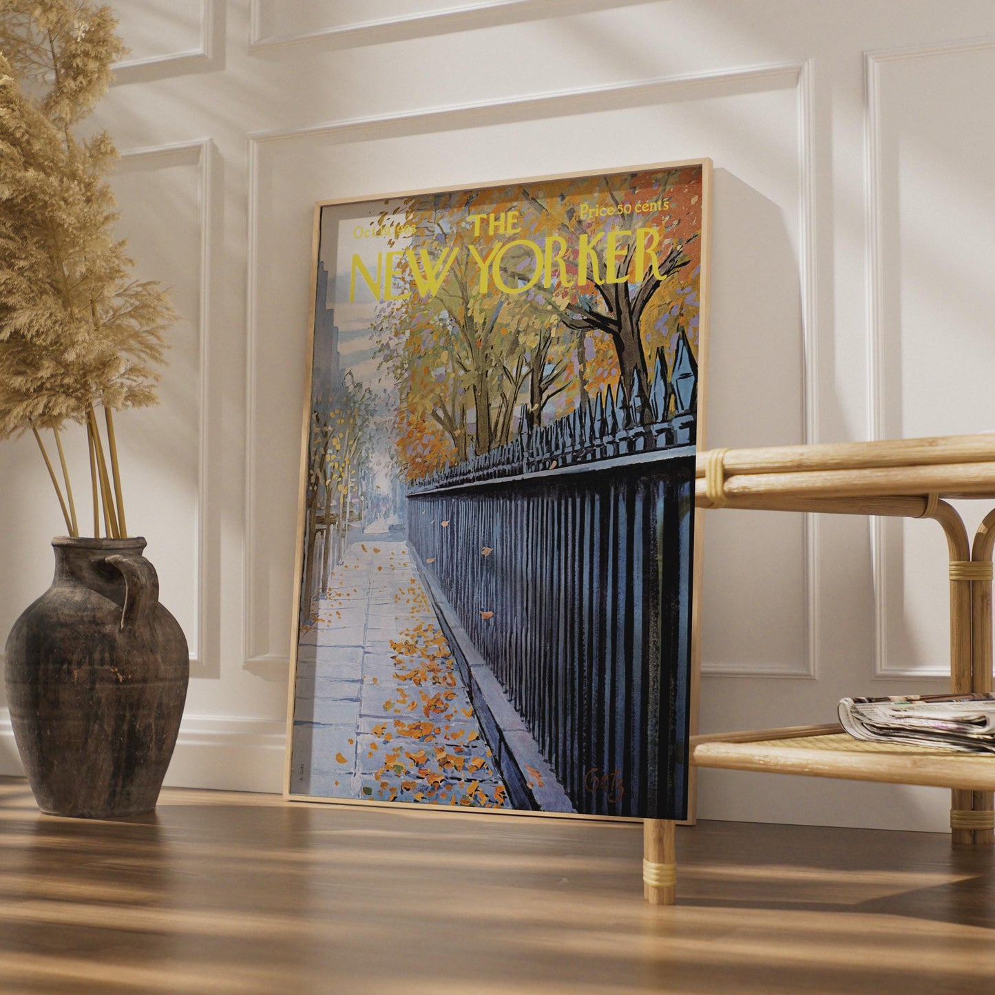 The New Yorker Autumn Poster, Fall Leaves NYC Sidewalk Art Print, Vintage Magazine Cover wall art print