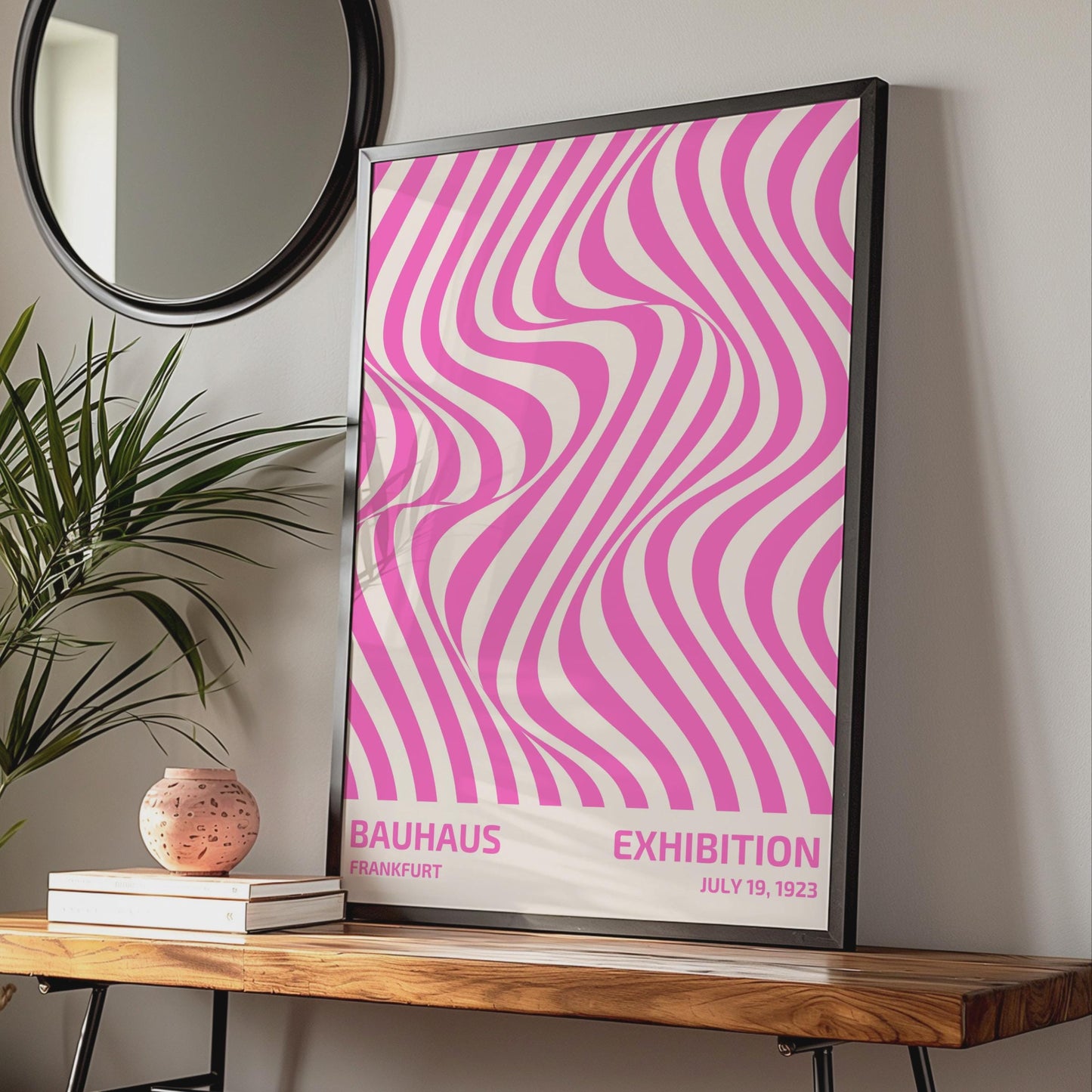 Bauhaus Exhibition Poster, Frankfurt July 19 1923, Vintage Art Print, Pink Wavy Lines, Modernist wall art print