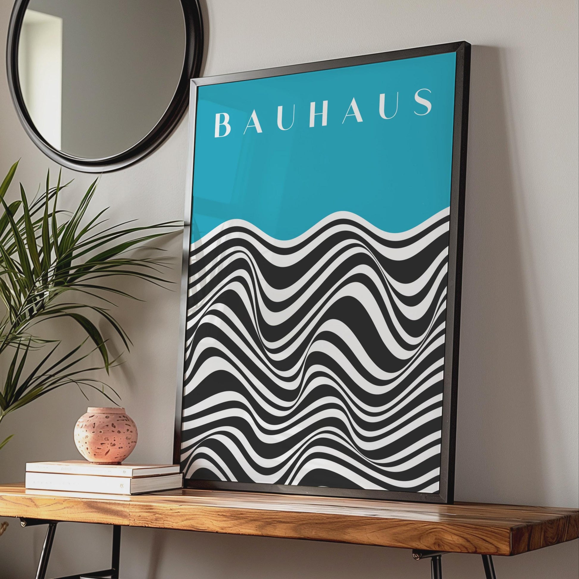 Bauhaus Waves Poster, Turquoise Black White Abstract Art Print wall art print