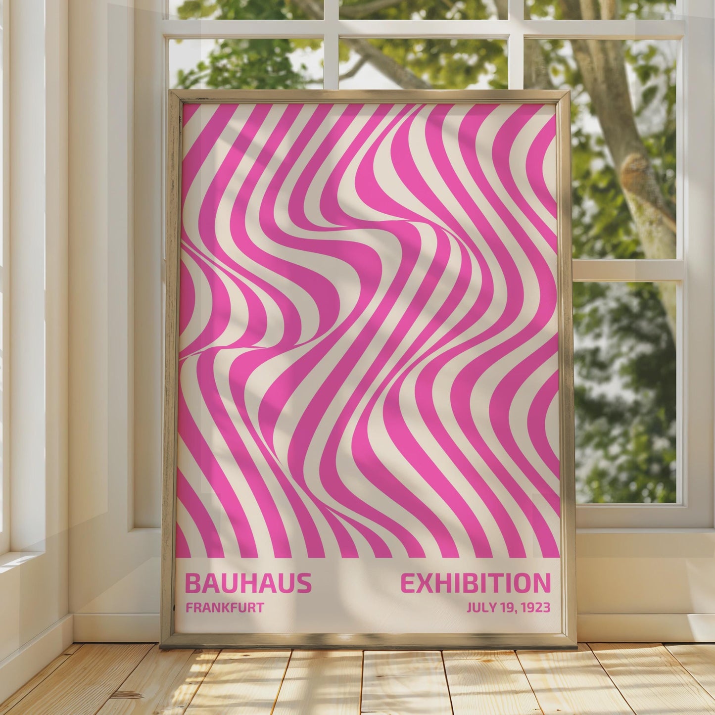 Bauhaus Exhibition Poster, Frankfurt July 19 1923, Vintage Art Print, Pink Wavy Lines, Modernist wall art print