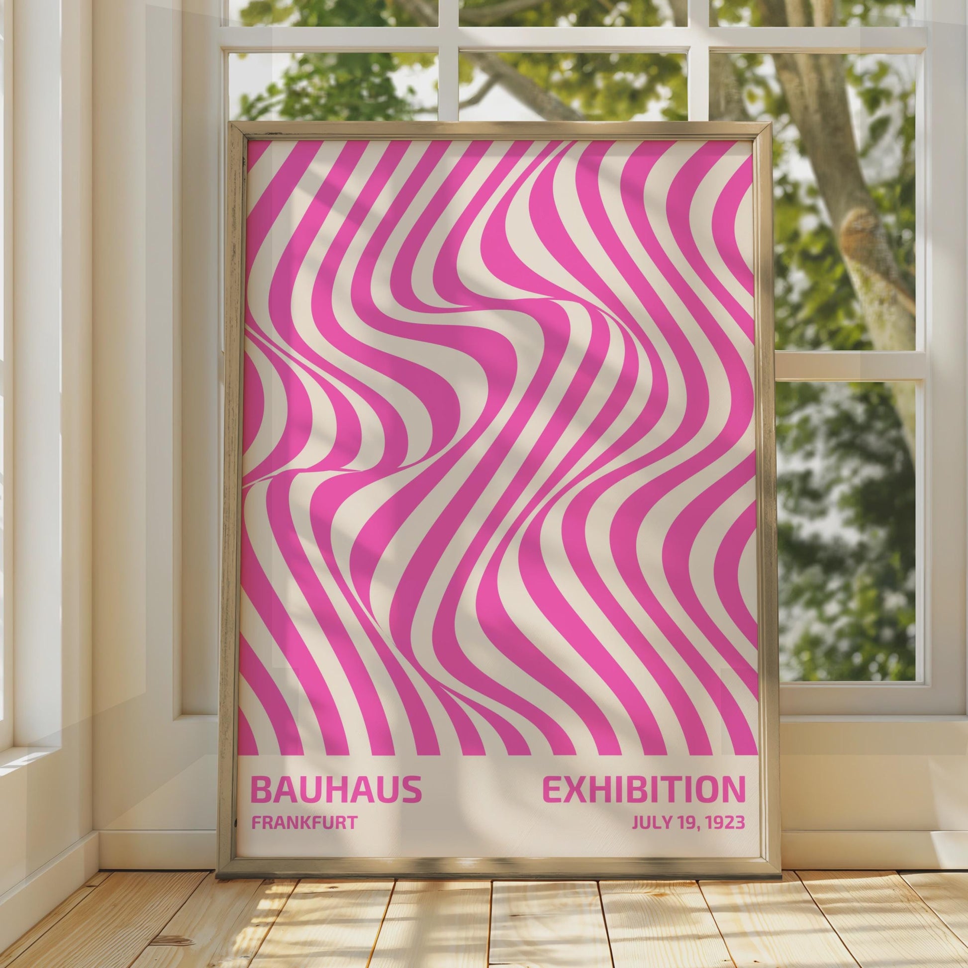 Bauhaus Exhibition Poster, Frankfurt July 19 1923, Vintage Art Print, Pink Wavy Lines, Modernist wall art print