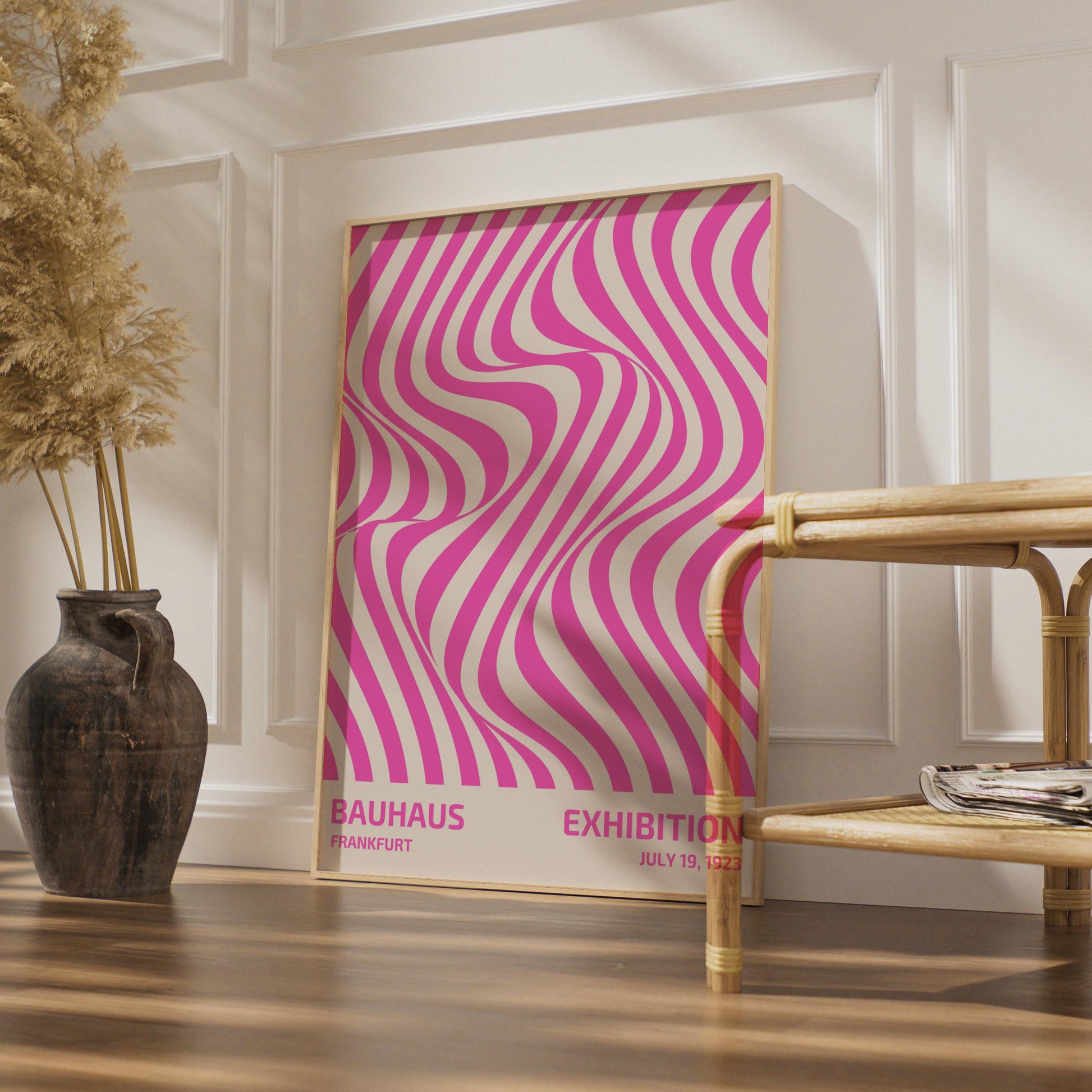 Bauhaus Exhibition Poster, Frankfurt July 19 1923, Vintage Art Print, Pink Wavy Lines, Modernist wall art print