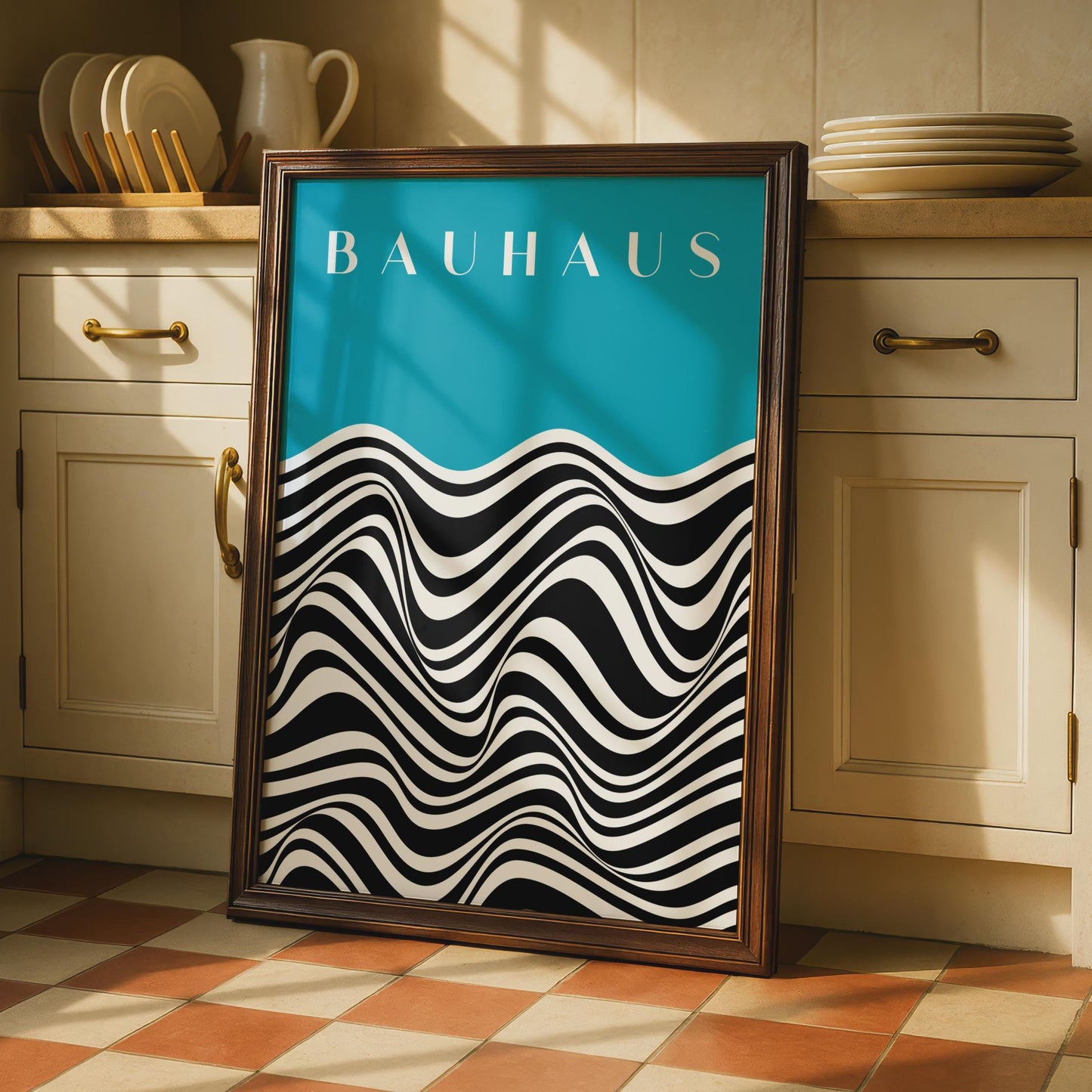 Bauhaus Waves Poster, Turquoise Black White Abstract Art Print wall art print
