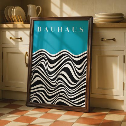 Bauhaus Waves Poster, Turquoise Black White Abstract Art Print wall art print