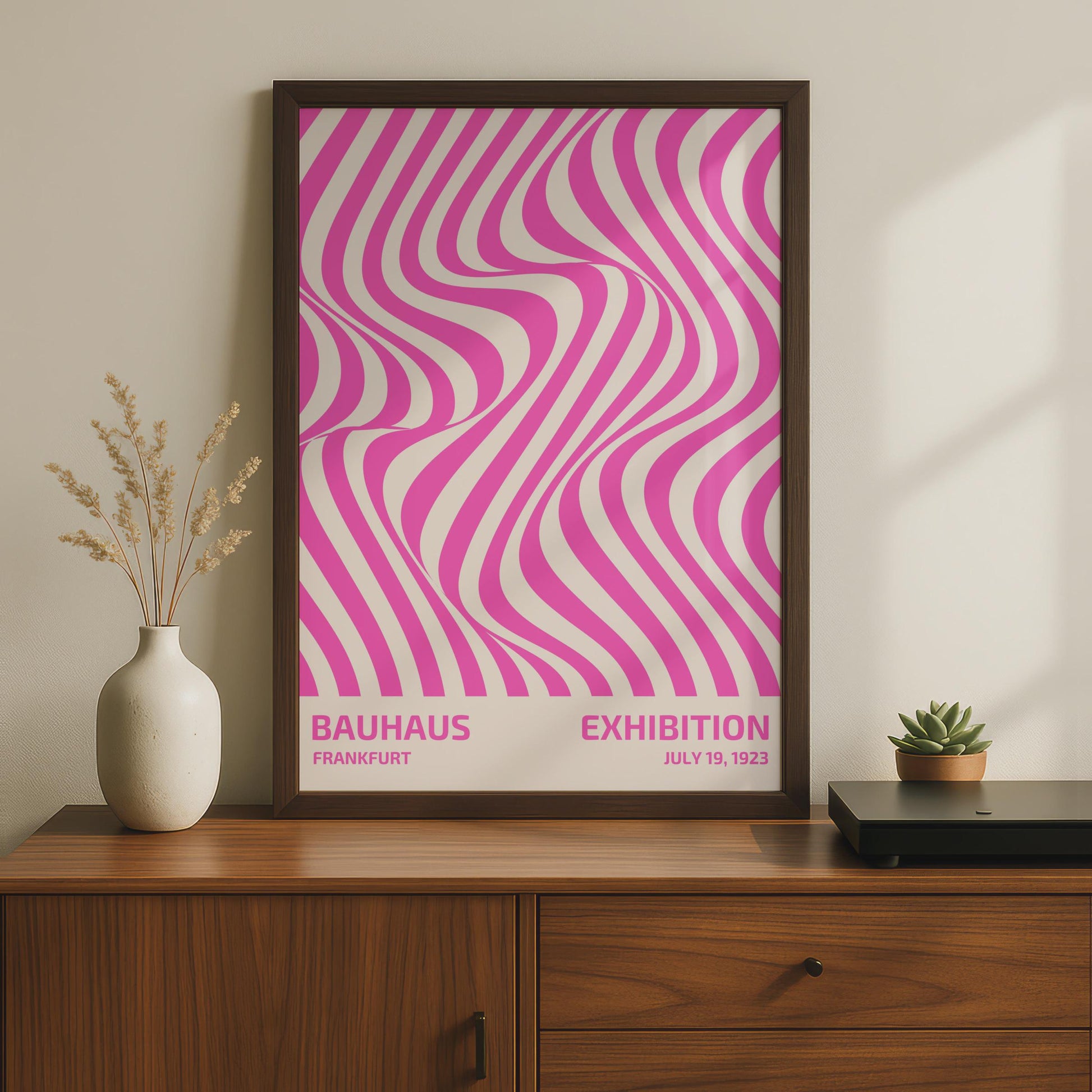 Bauhaus Exhibition Poster, Frankfurt July 19 1923, Vintage Art Print, Pink Wavy Lines, Modernist wall art print