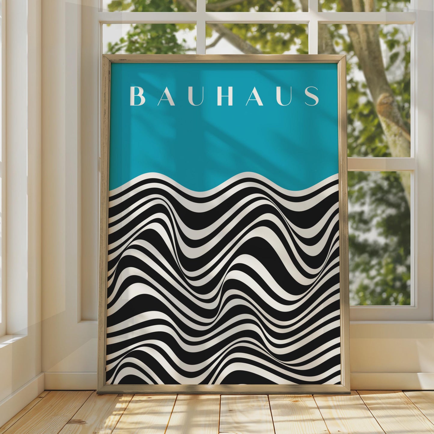 Bauhaus Waves Poster, Turquoise Black White Abstract Art Print wall art print
