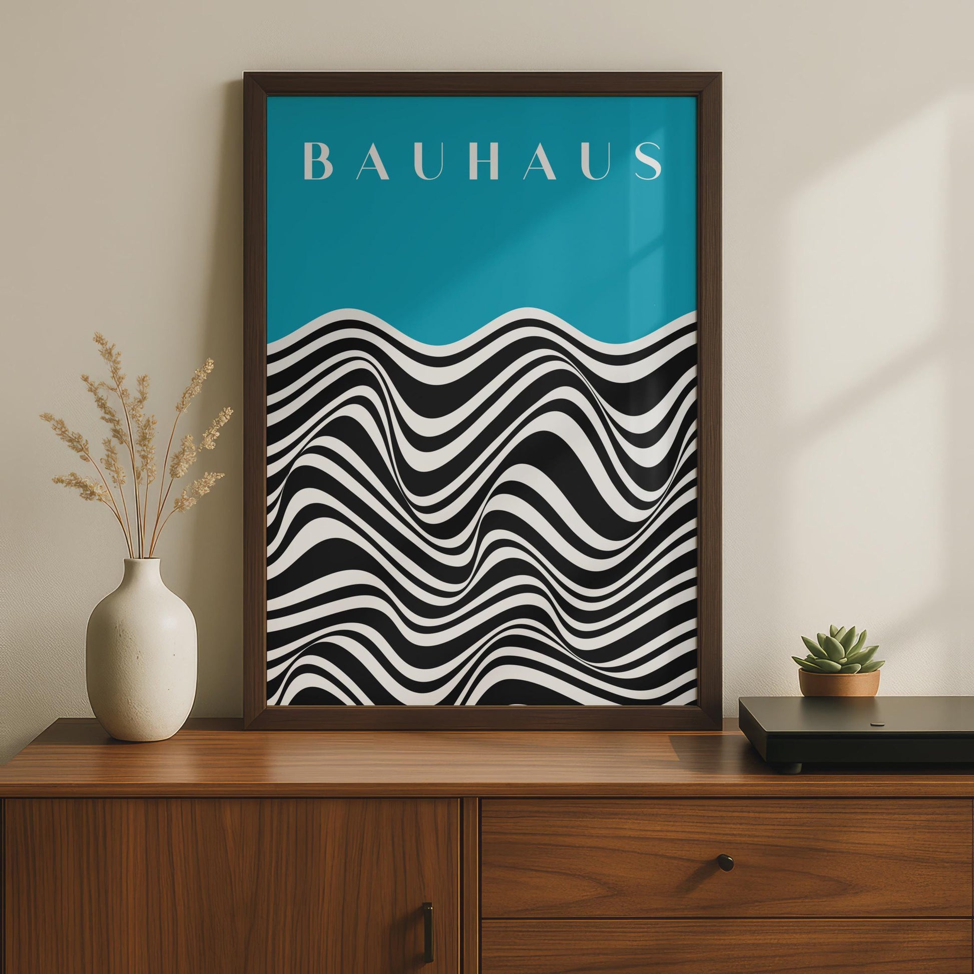 Bauhaus Waves Poster, Turquoise Black White Abstract Art Print wall art print