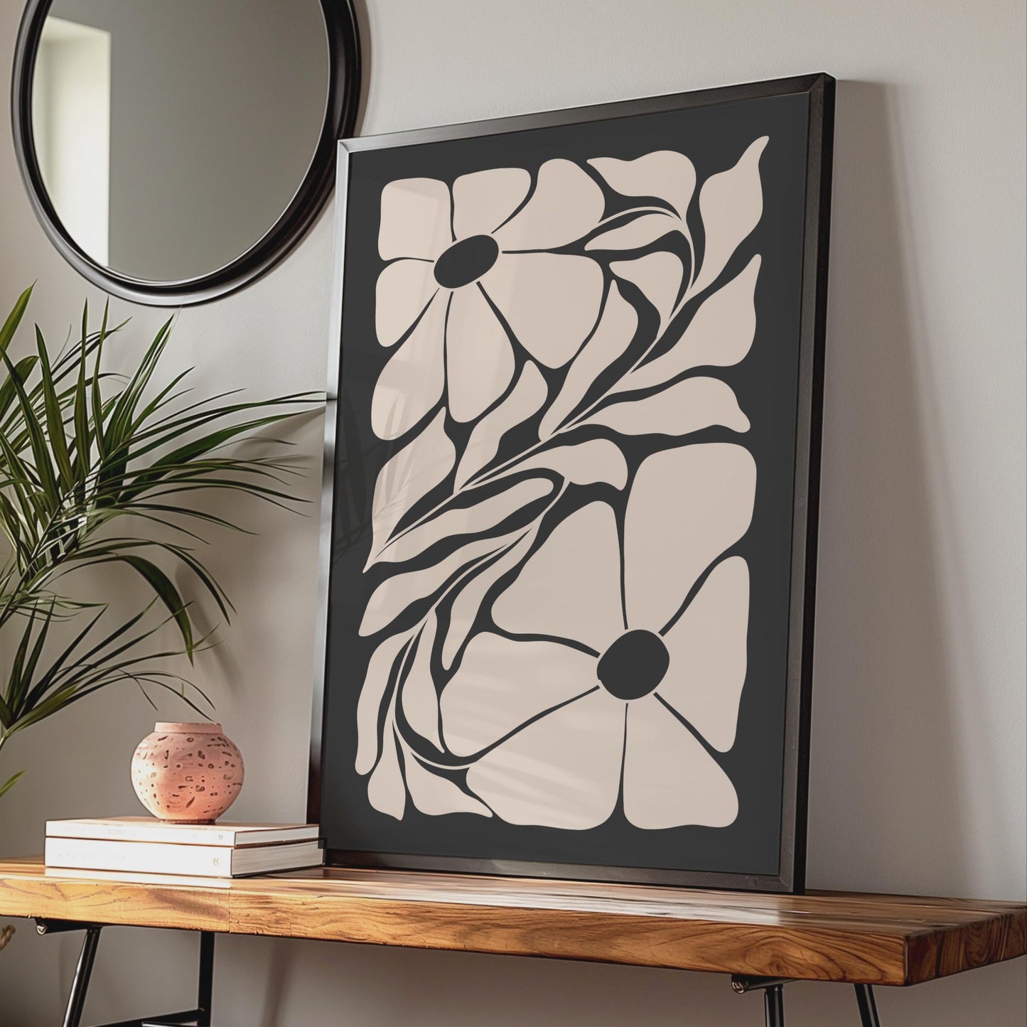 Botanical Flower Poster, Minimalist Floral Art Print, Modern Wall Decor, Black and Beige, Nature wall art print