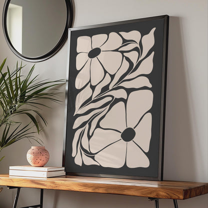 Botanical Flower Poster, Minimalist Floral Art Print, Modern Wall Decor, Black and Beige, Nature wall art print