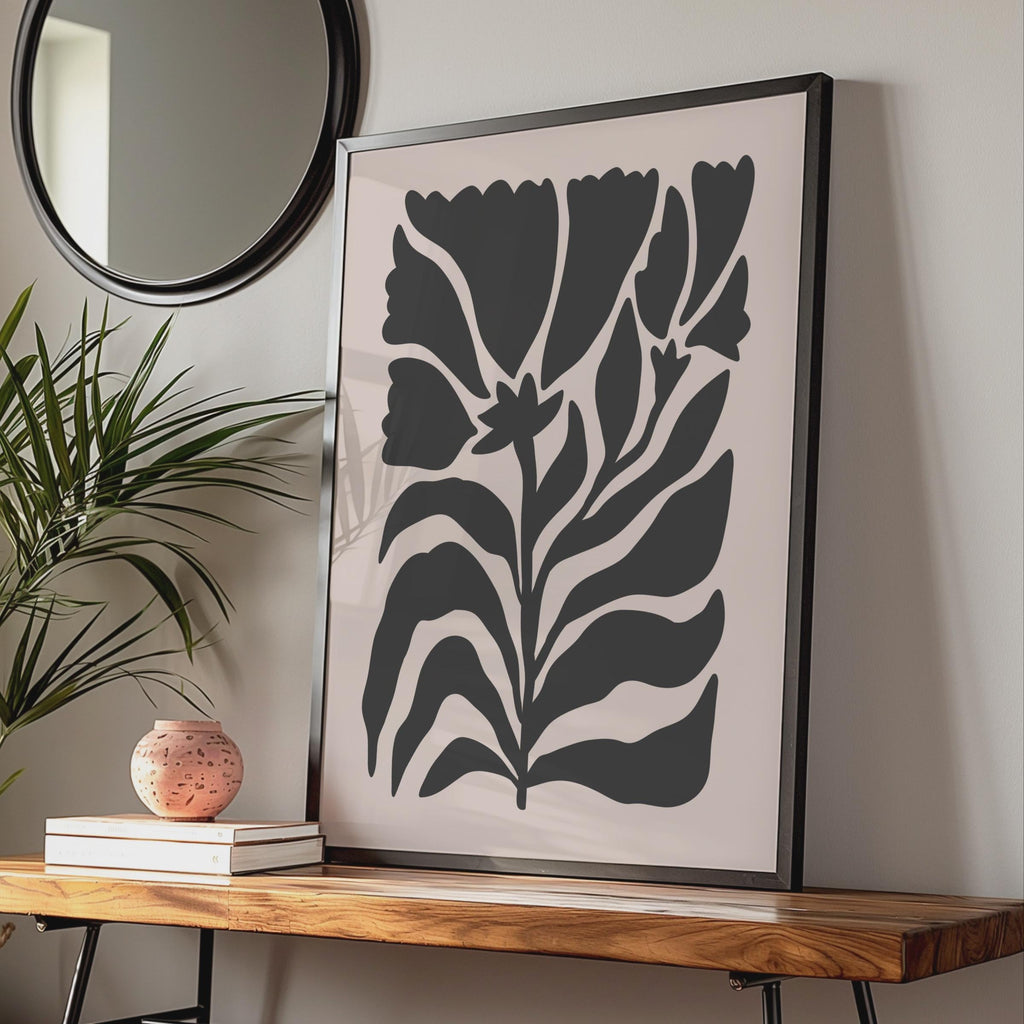 Botanical Flower Print, Minimalist Floral Wall Art, Black Flowers on Soft Pink Background wall art print