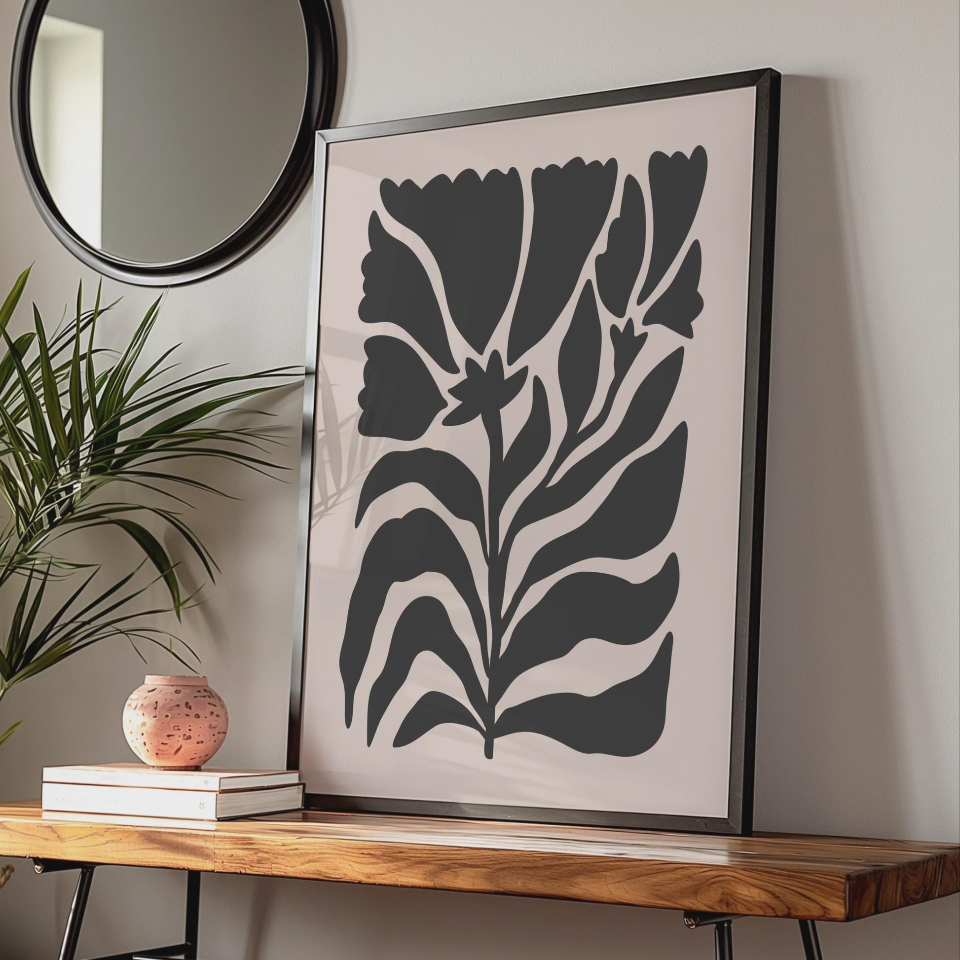 Botanical Flower Print, Minimalist Floral Wall Art, Black Flowers on Soft Pink Background wall art print