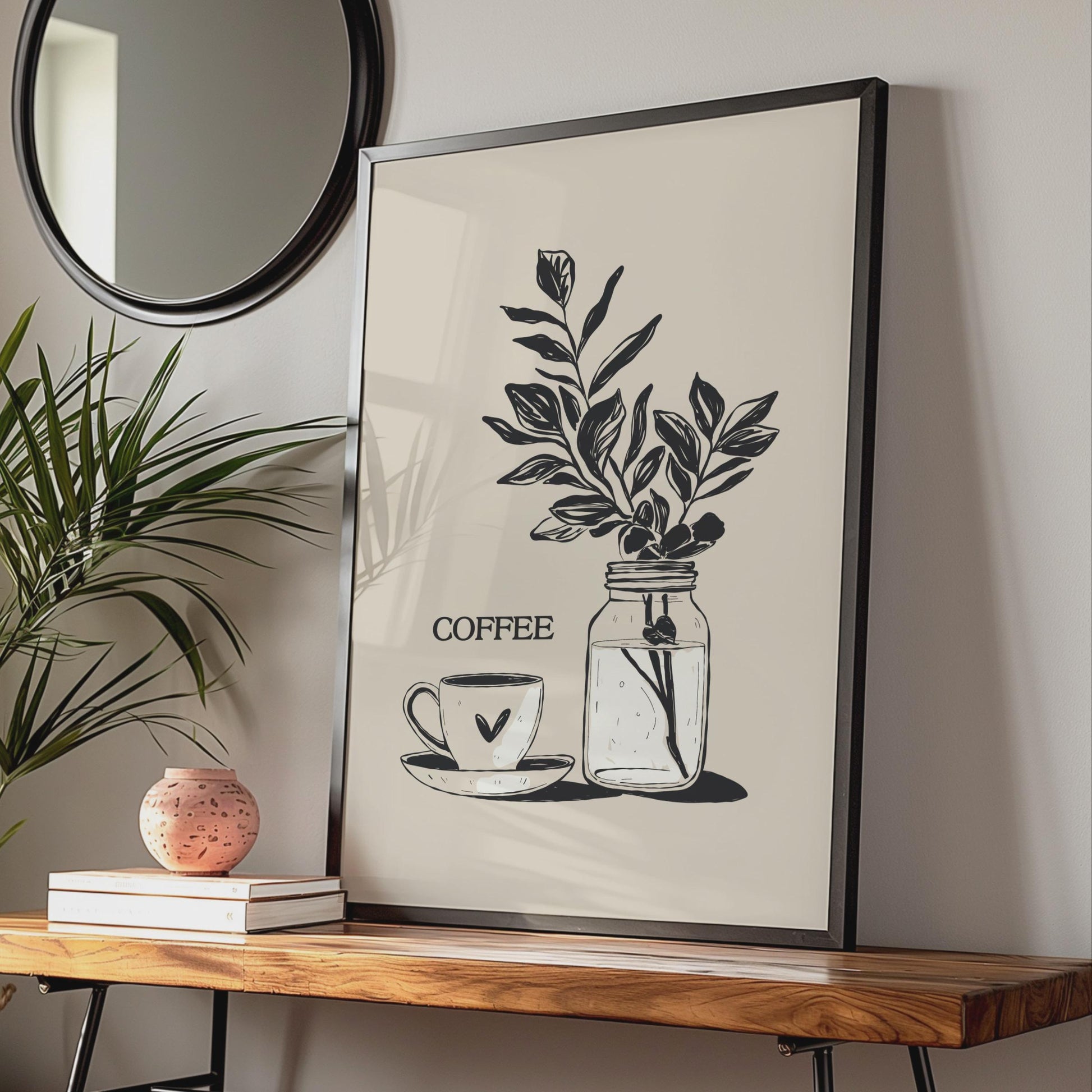Botanical Coffee Wall Art, Minimalist Print, Coffee Cup and Leaves Decor, Kitchen Artwork wall art print