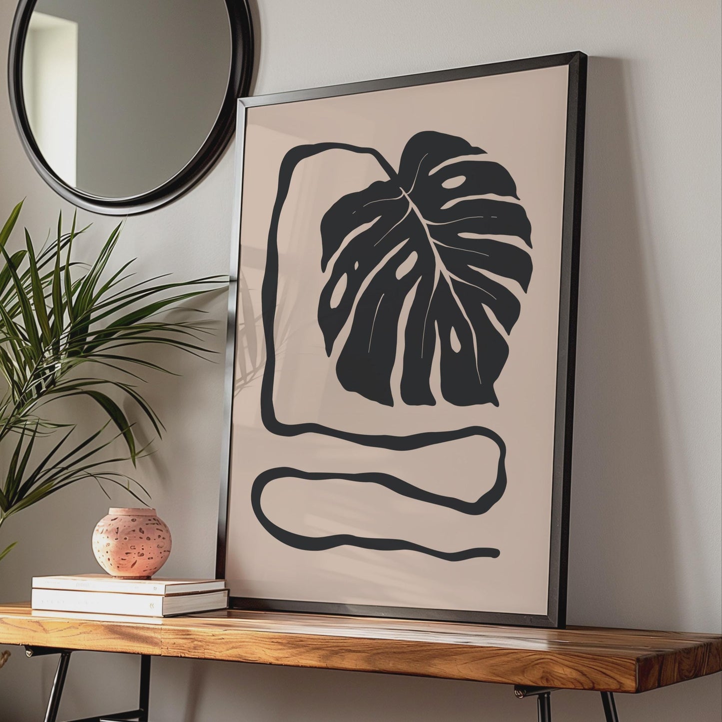 Botanical Monstera Leaf Print, Minimalist Black Beige Wall Art wall art print