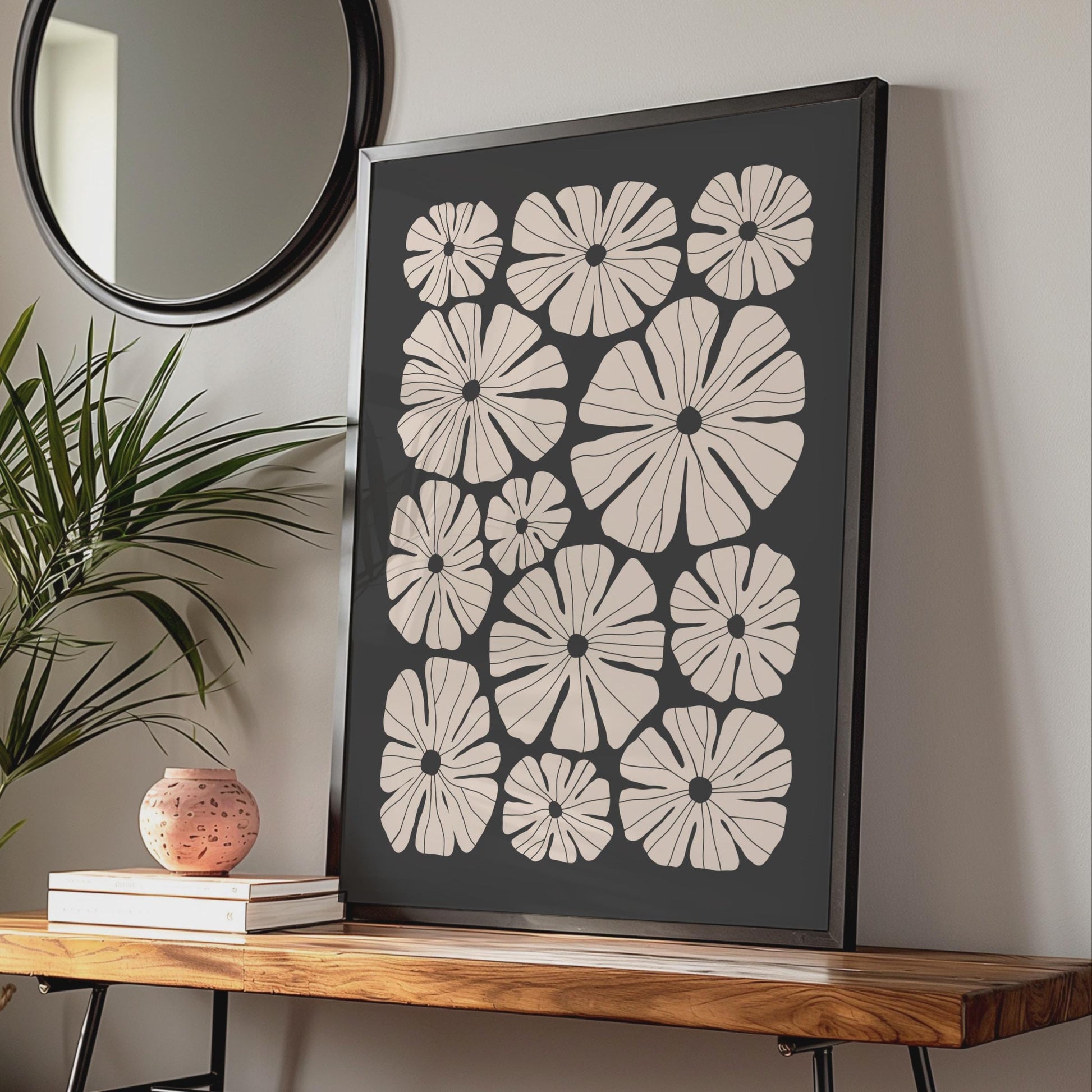 Botanical Flower Poster, Floral Wall Art, Minimalist Print, Pink Flowers on Black Background wall art print