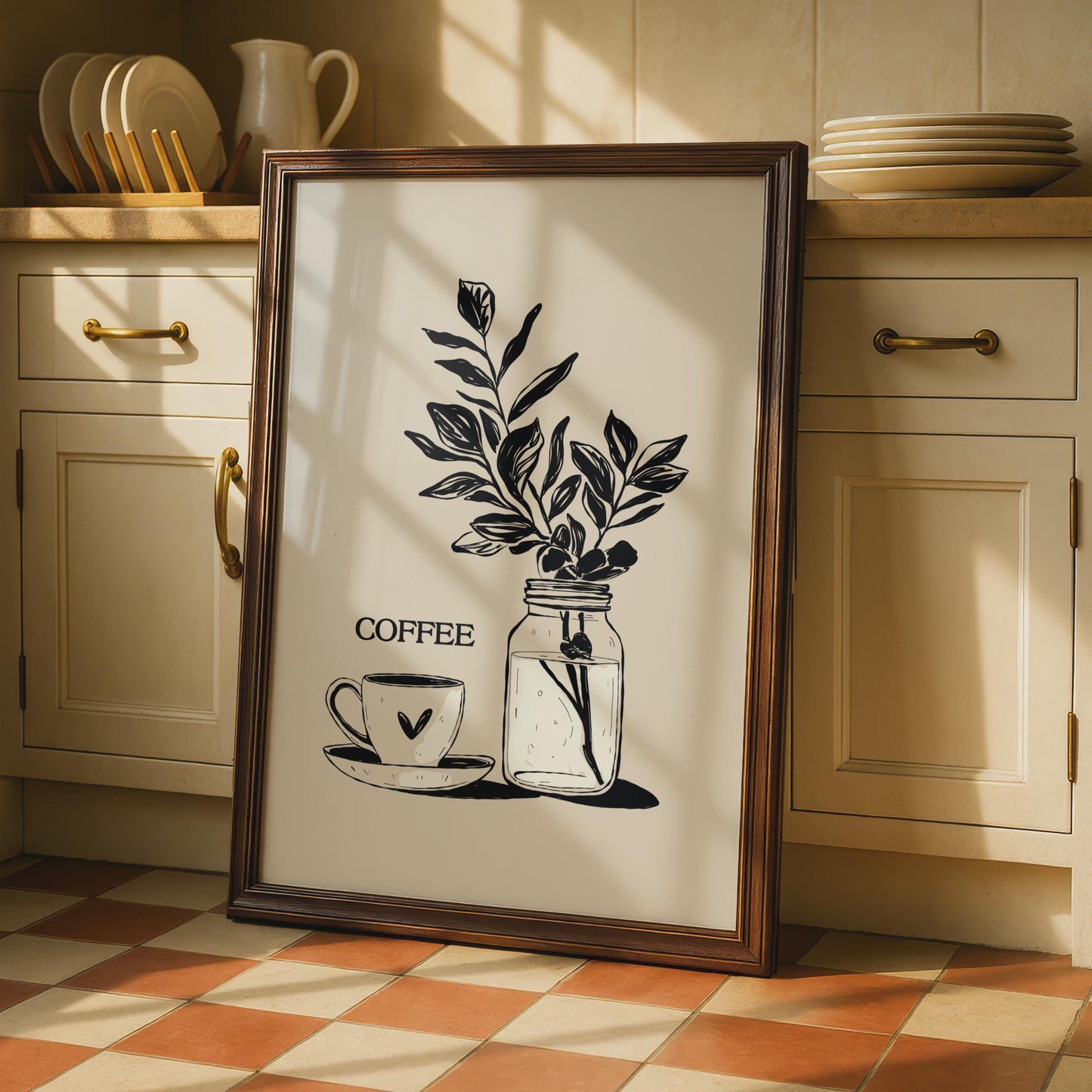 Botanical Coffee Wall Art, Minimalist Print, Coffee Cup and Leaves Decor, Kitchen Artwork wall art print