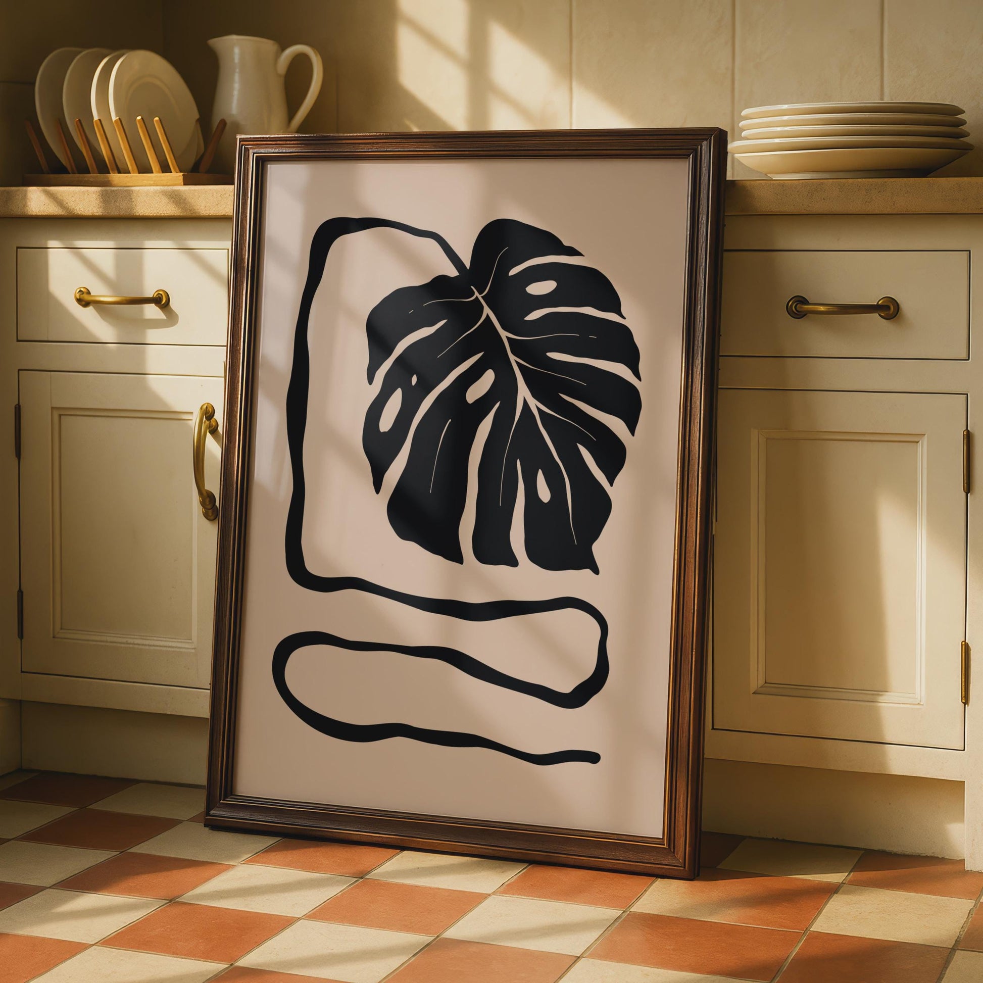 Botanical Monstera Leaf Print, Minimalist Black Beige Wall Art wall art print