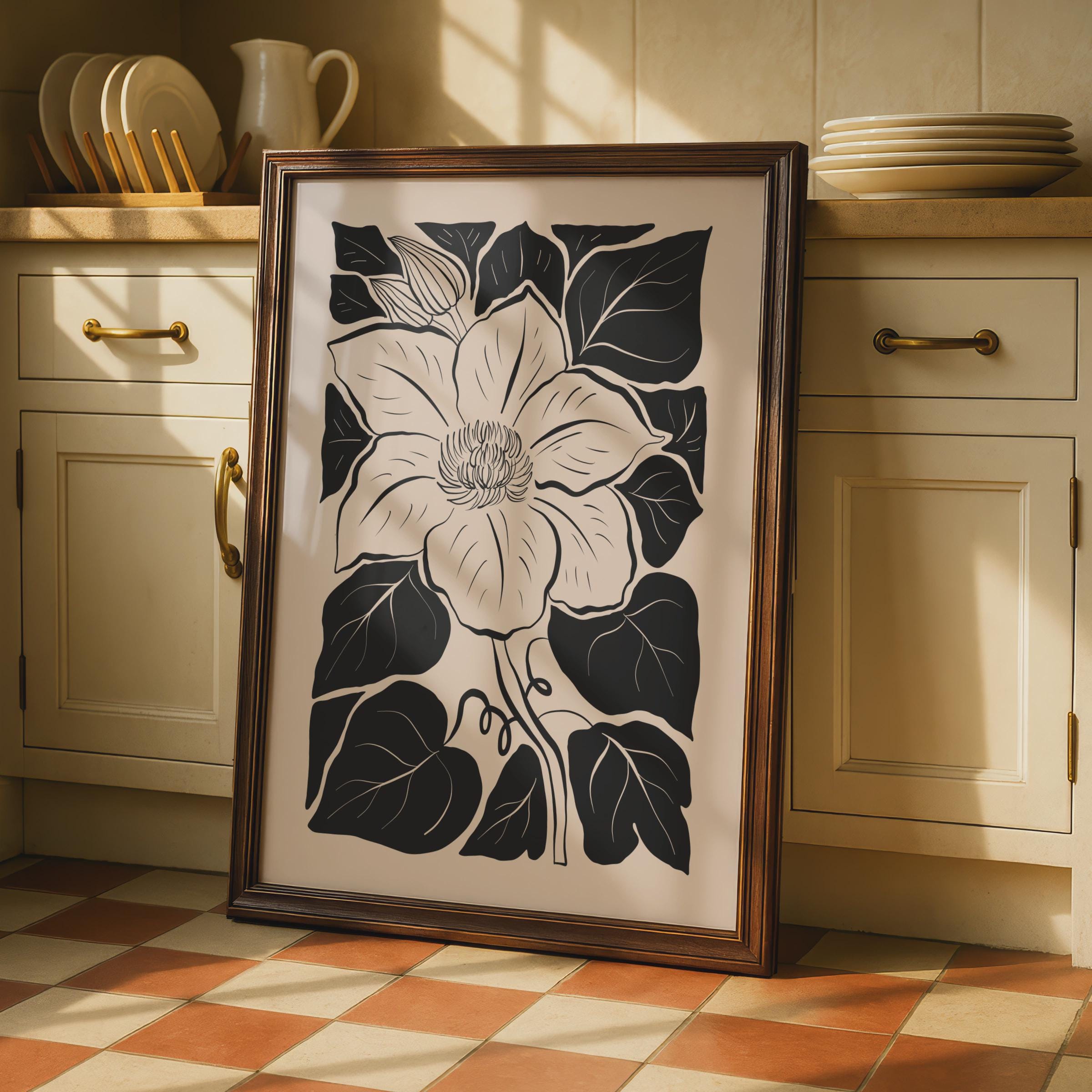 Botanical Flower Poster, Elegant Vintage Floral Art, Minimalist Wall Decor, Black and White Art wall art print