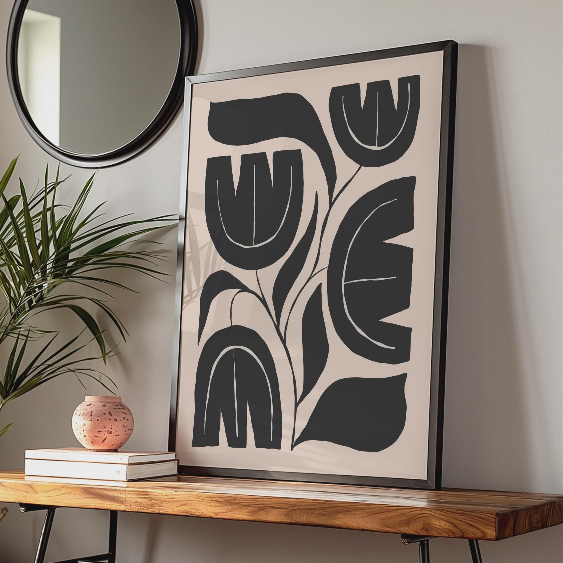 Botanical Flower Print, Black Beige Abstract Floral Wall Art wall art print