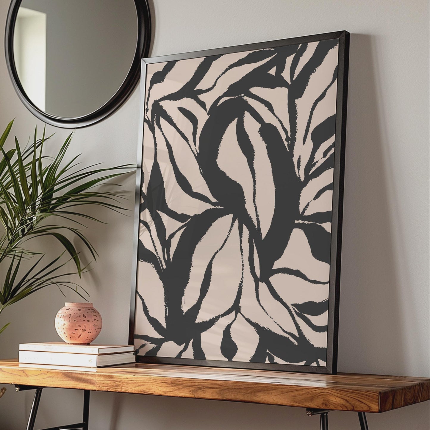 Botanical Leaf Print, Black Pink Abstract Poster, Minimalist Wall Art wall art print