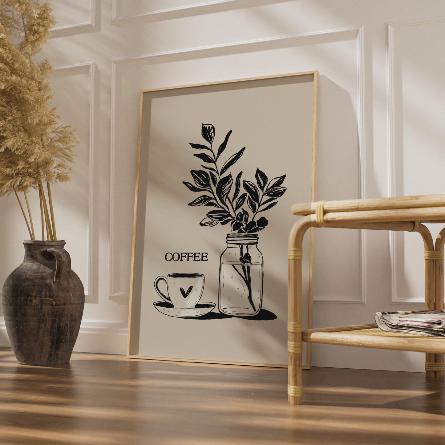 Botanical Coffee Wall Art, Minimalist Print, Coffee Cup and Leaves Decor, Kitchen Artwork wall art print